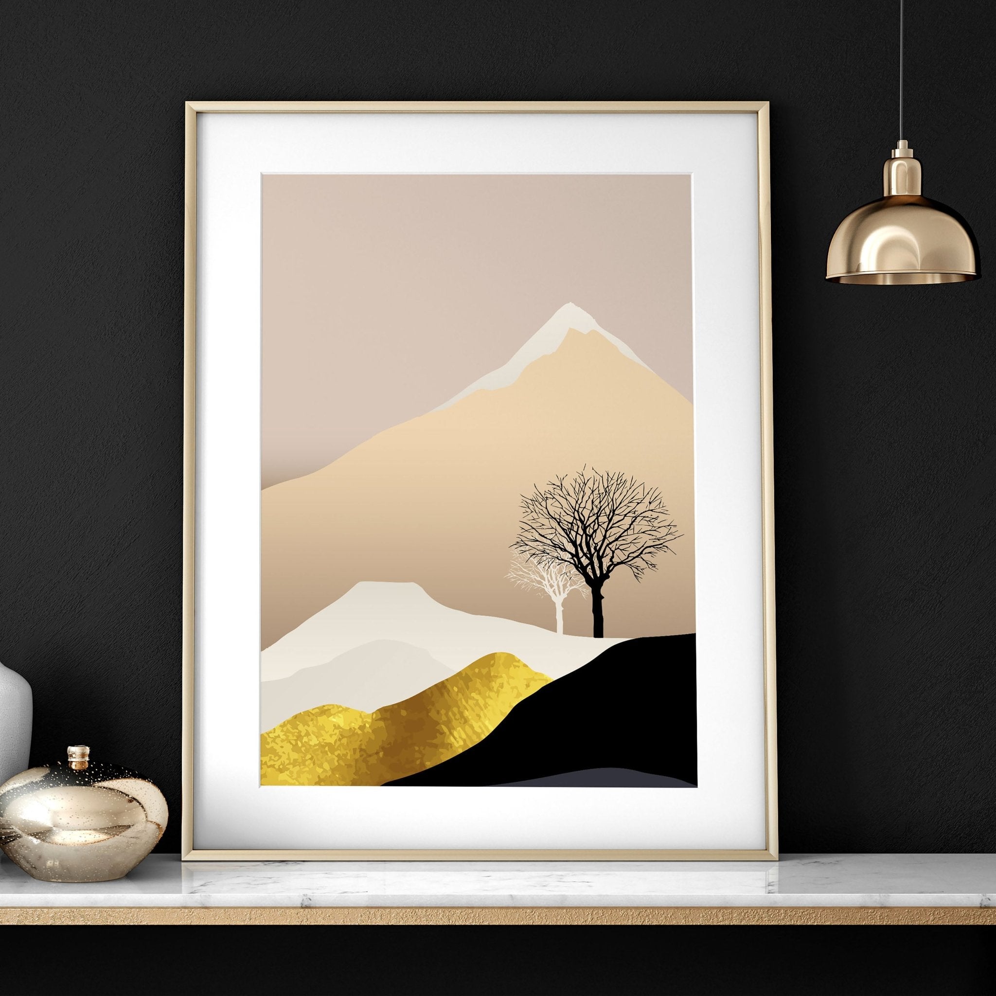 Set of 3 Scandinavian wall art prints featuring a Nordic landscape in pink, black, and gold tones, perfect for office decor.