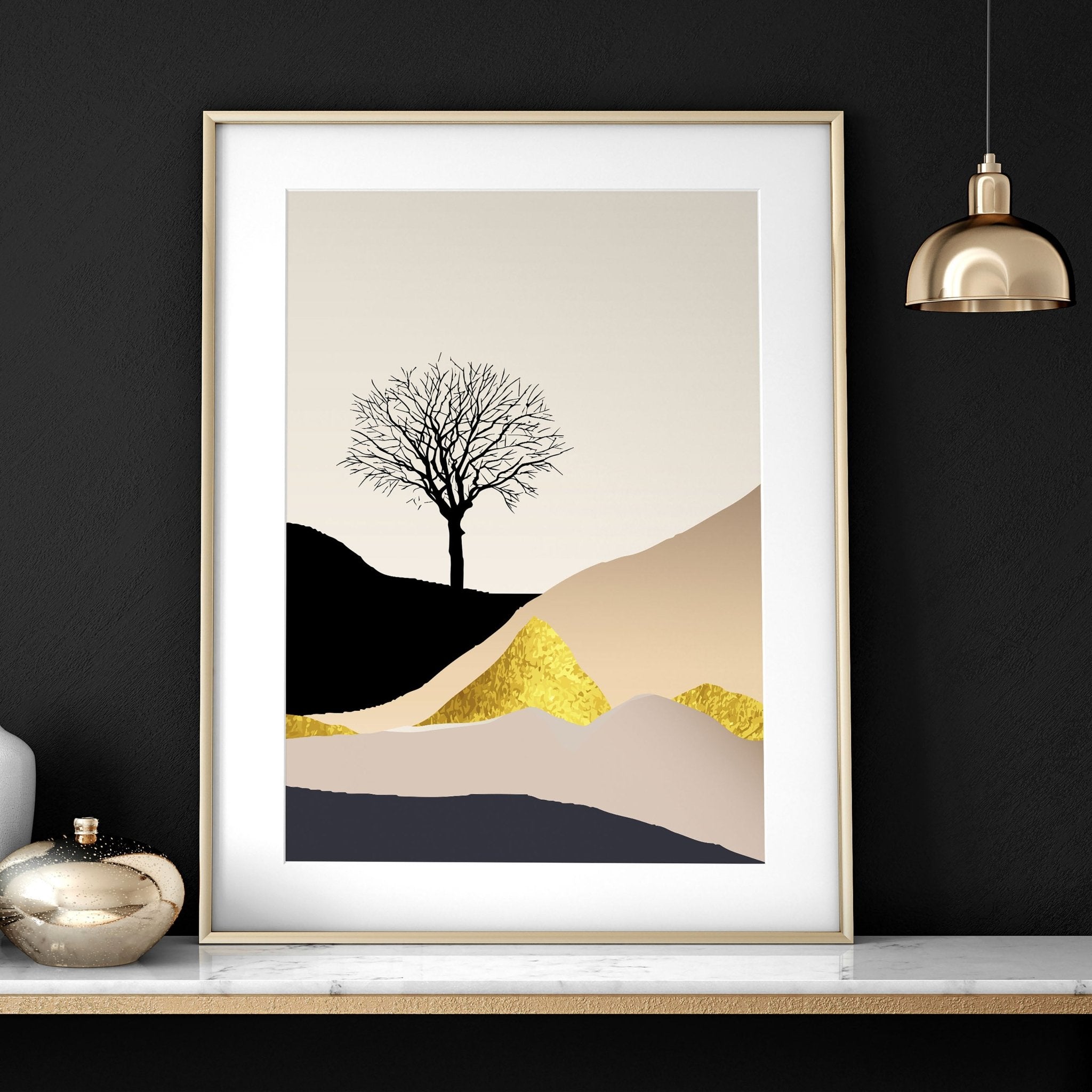 Set of 3 Scandinavian wall art prints featuring a Nordic landscape in pink, black, and gold tones, perfect for office decor.