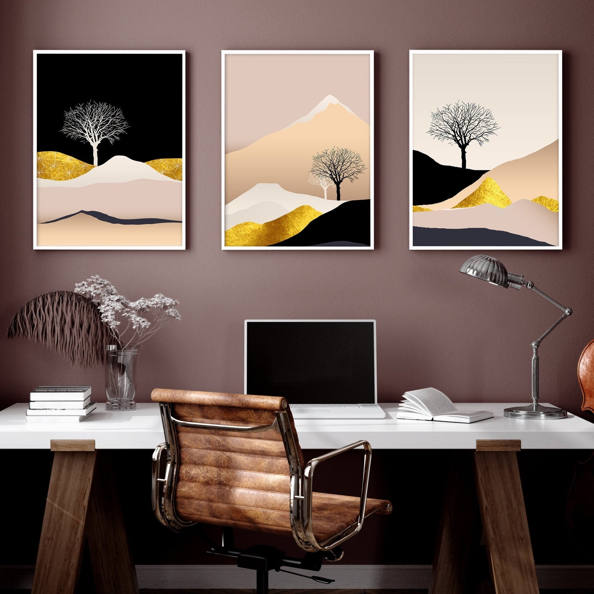 Set of 3 Scandinavian wall art prints featuring a Nordic landscape in pink, black, and gold tones, perfect for office decor.