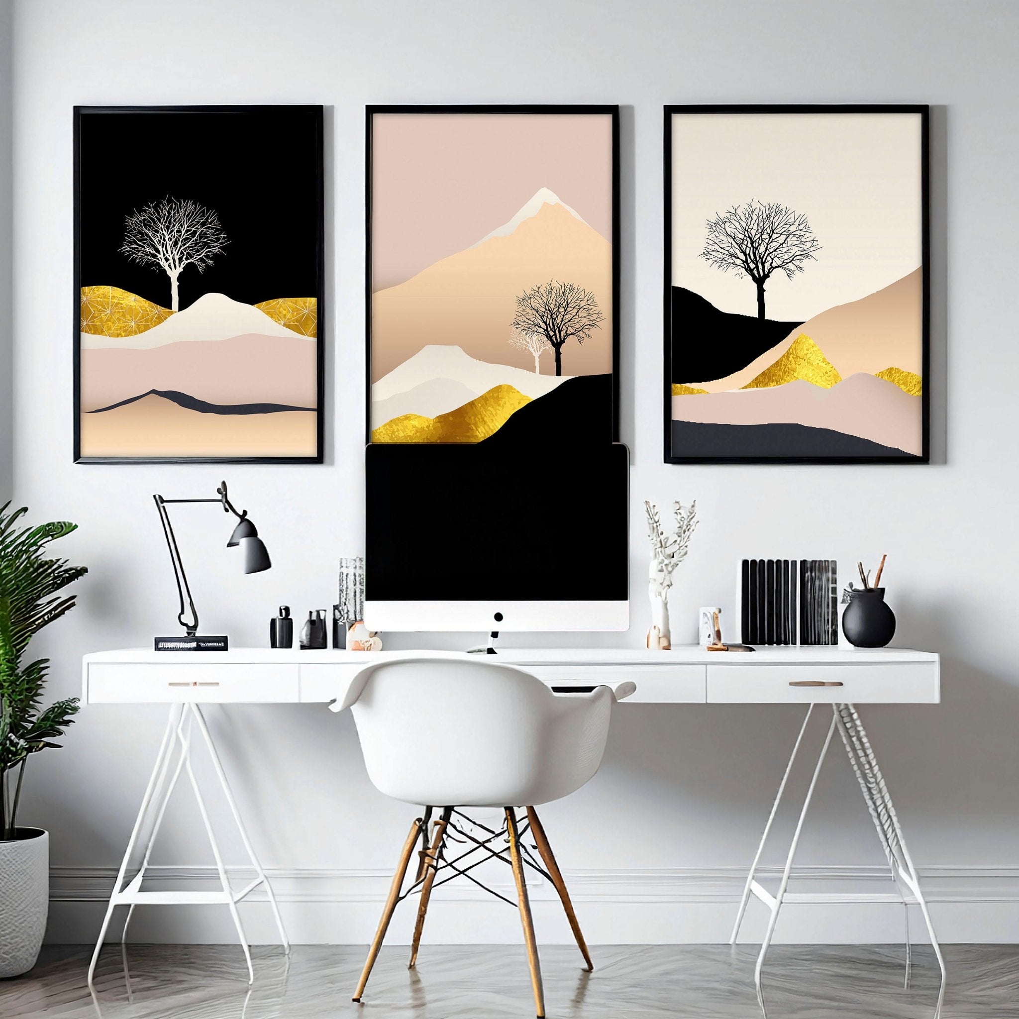 Set of 3 Scandinavian wall art prints featuring a Nordic landscape in pink, black, and gold tones, perfect for office decor.