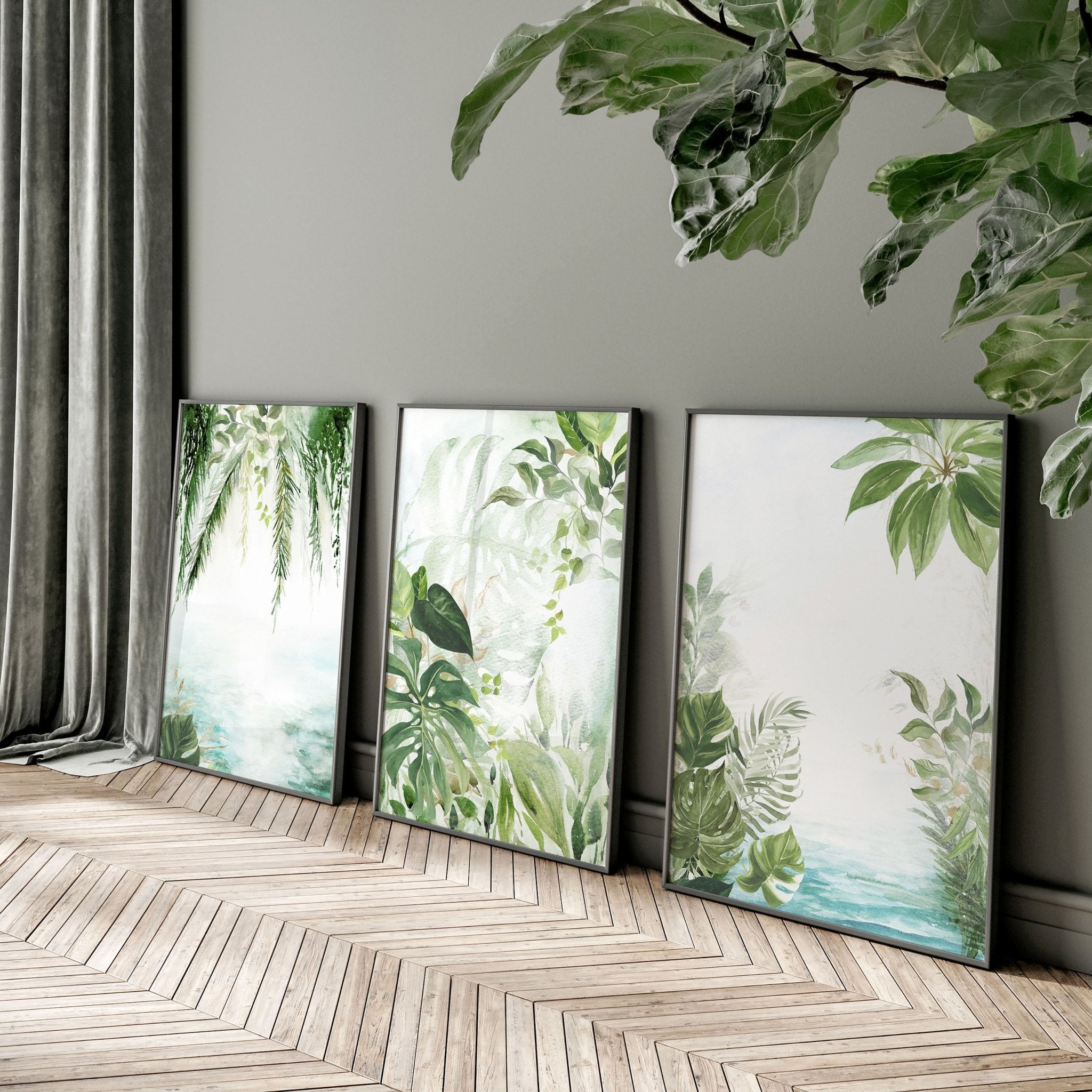 Set of 3 Tropical wall art prints featuring lush greenery and aquamarine tones, perfect for home decor.