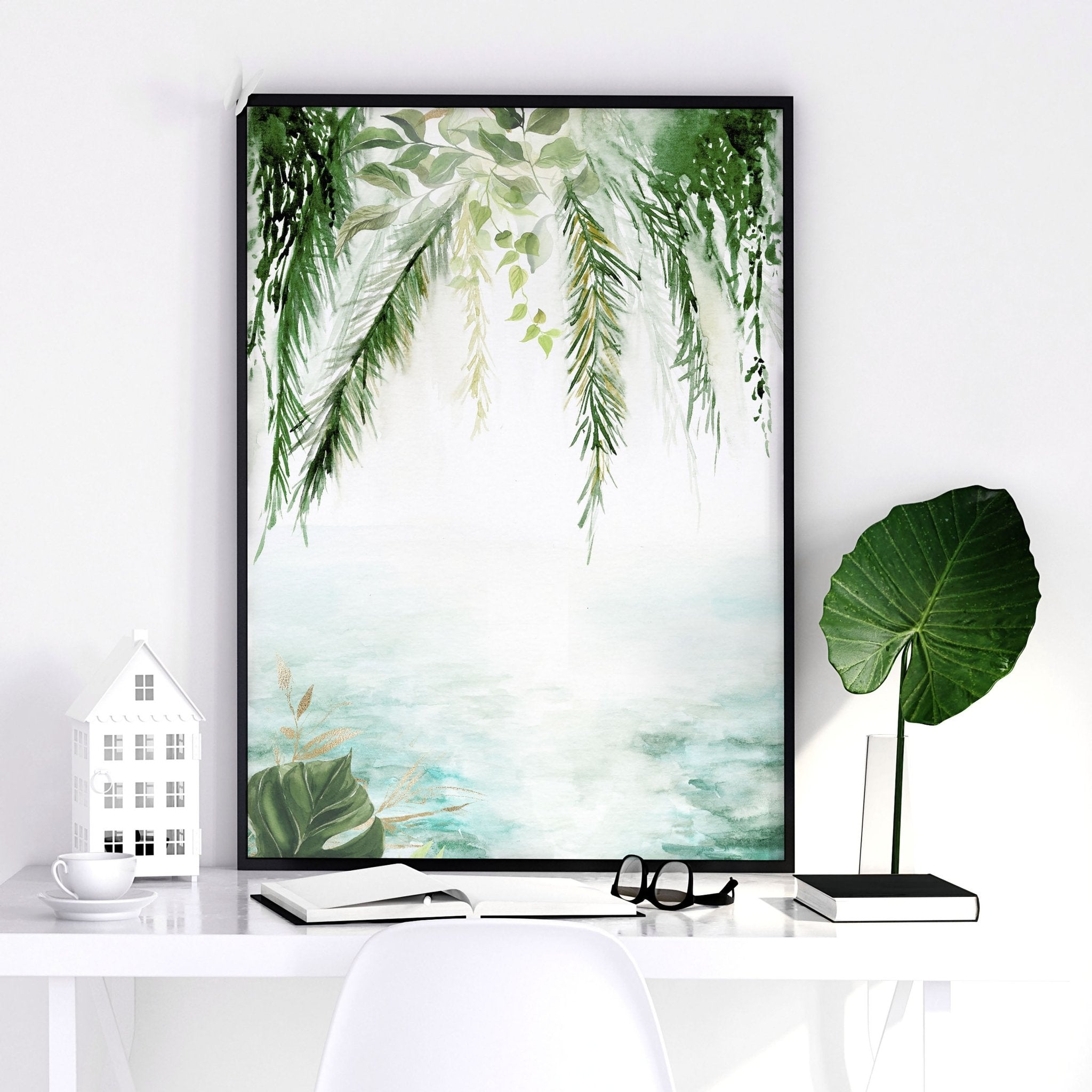 Set of 3 Tropical wall art prints featuring lush greenery and aquamarine tones, perfect for home decor.