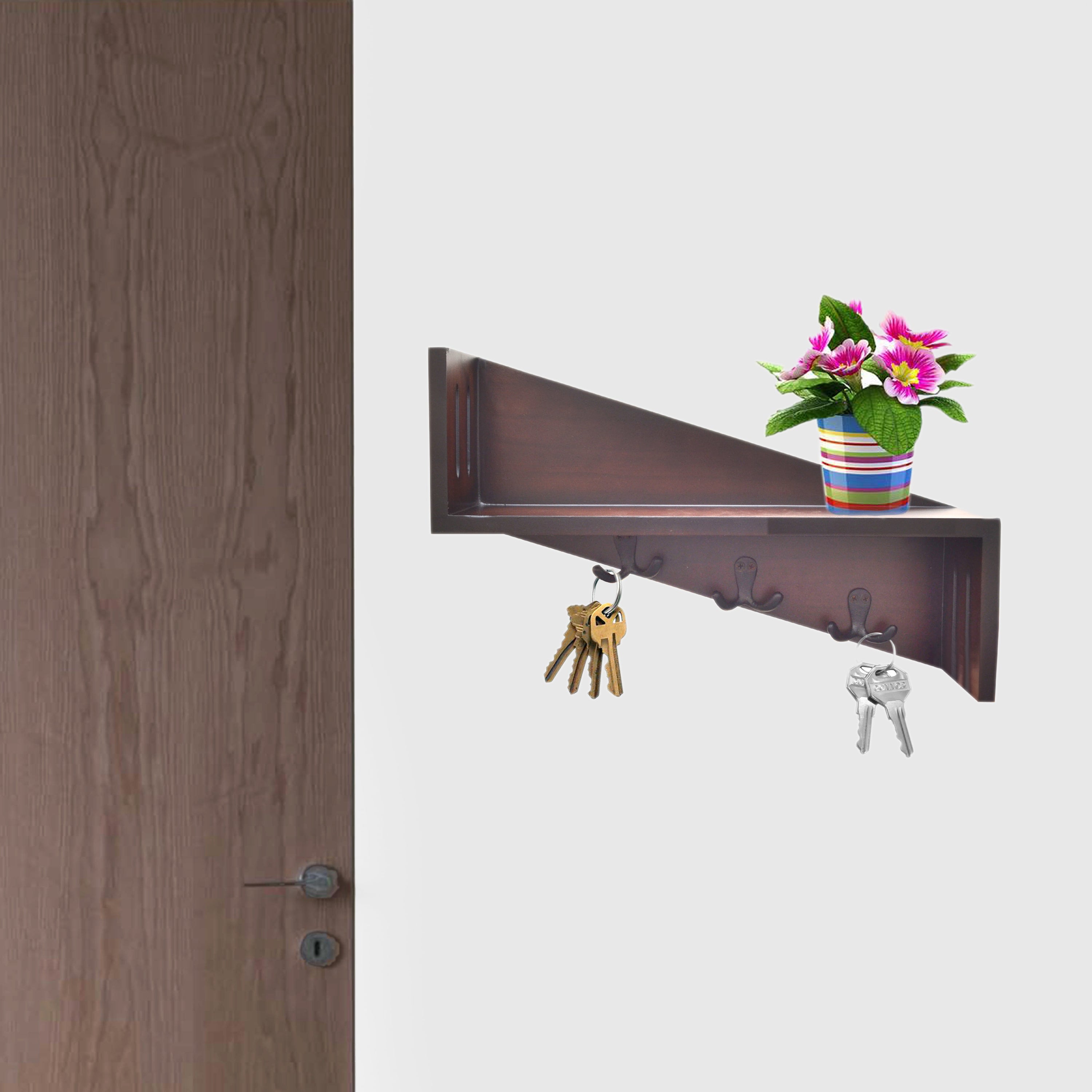 Wooden designer shelf bracket with six hooks for wall hanging, perfect for home décor in living rooms and bedrooms.