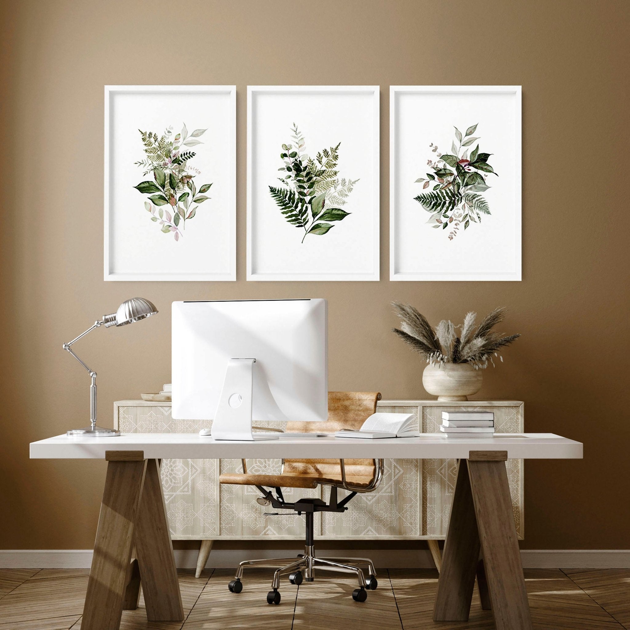 Set of 3 framed wall art prints featuring farmhouse botanical designs in lush greens and burgundy tones, perfect for home office decor.