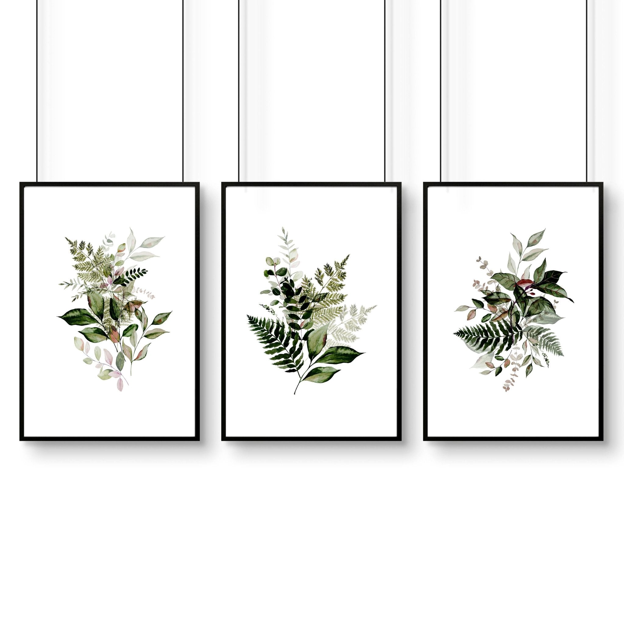 Set of 3 framed wall art prints featuring farmhouse botanical designs in lush greens and burgundy tones, perfect for home office decor.