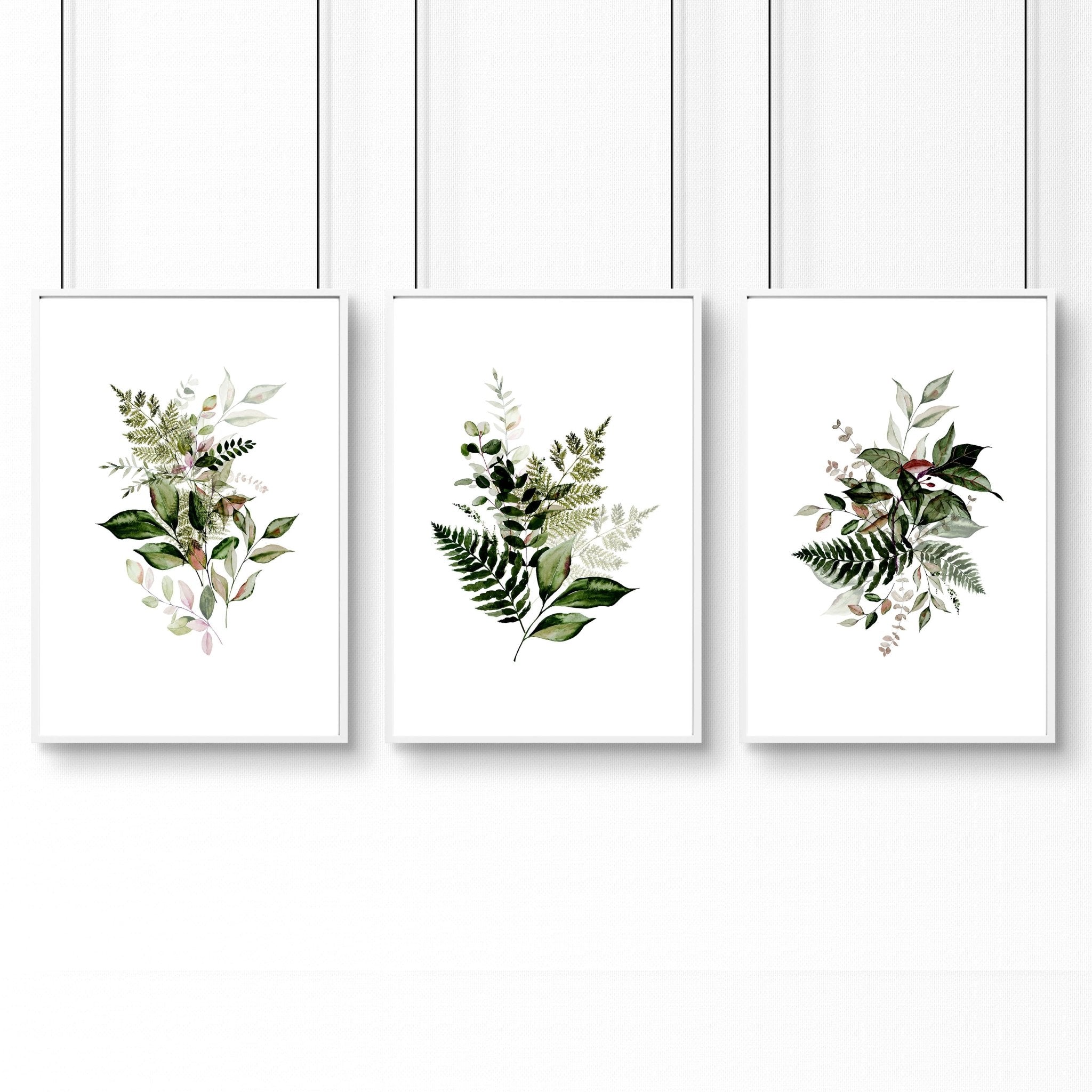 Set of 3 framed wall art prints featuring farmhouse botanical designs in lush greens and burgundy tones, perfect for home office decor.