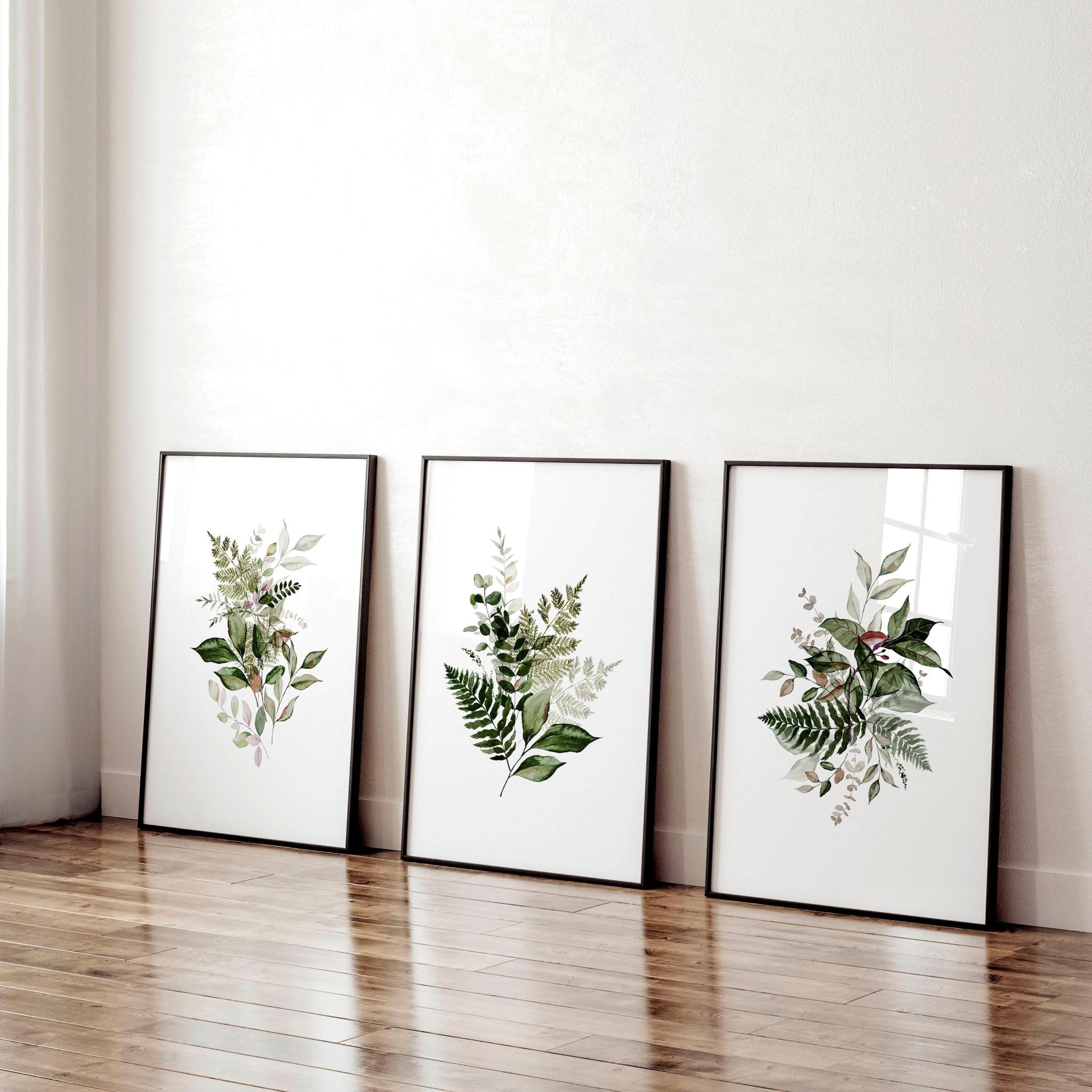 Set of 3 framed wall art prints featuring farmhouse botanical designs in lush greens and burgundy tones, perfect for home office decor.