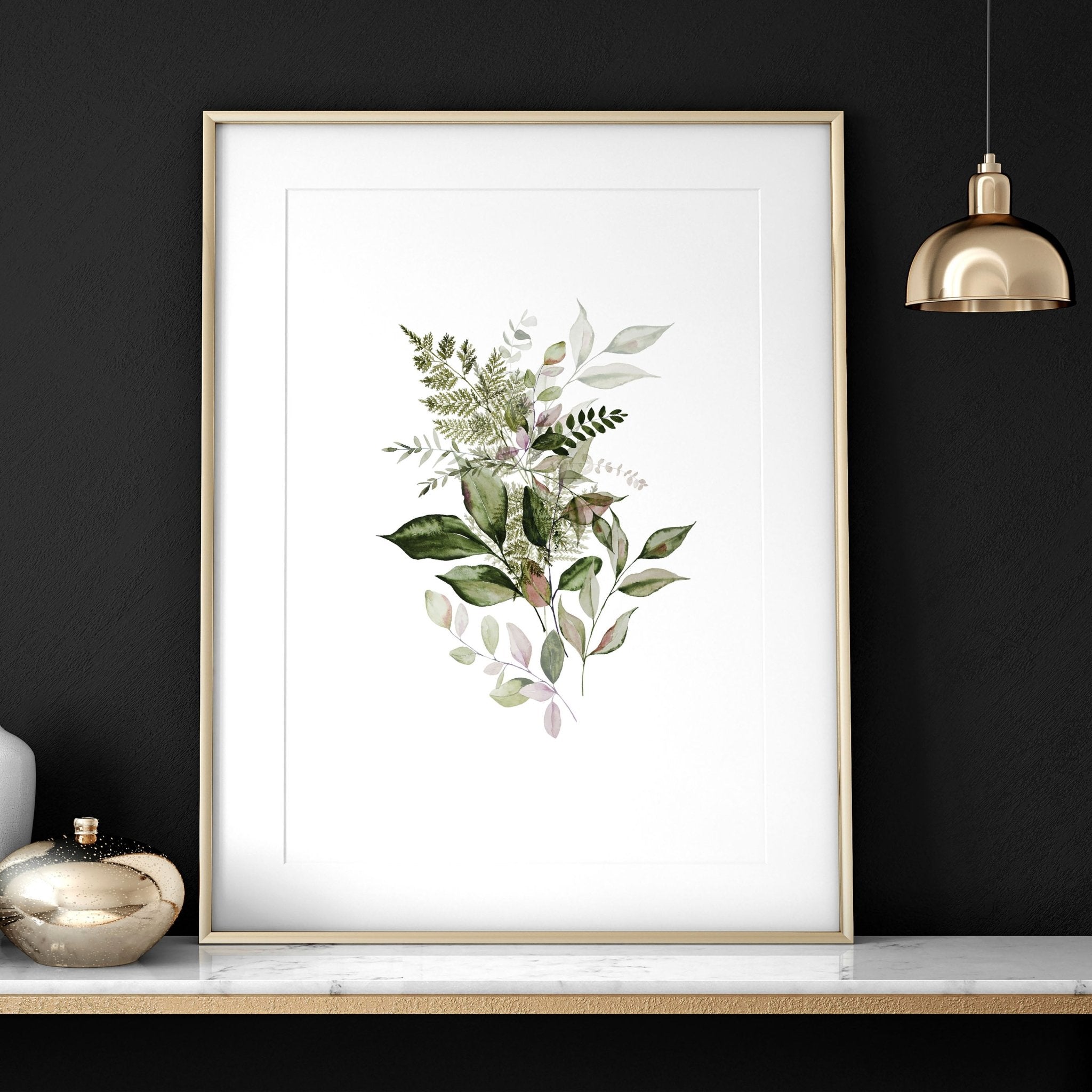 Set of 3 framed wall art prints featuring farmhouse botanical designs in lush greens and burgundy tones, perfect for home office decor.