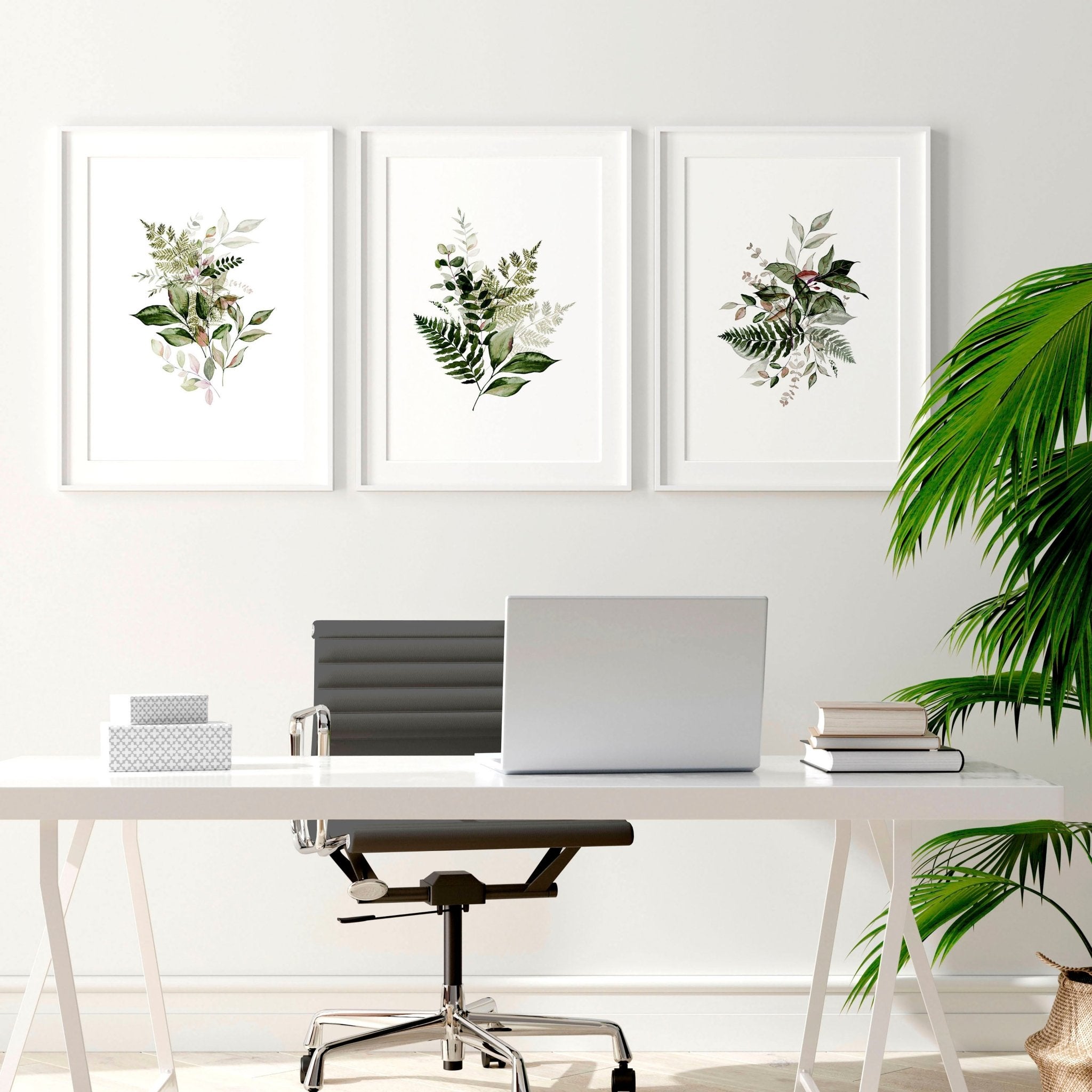 Set of 3 framed wall art prints featuring farmhouse botanical designs in lush greens and burgundy tones, perfect for home office decor.