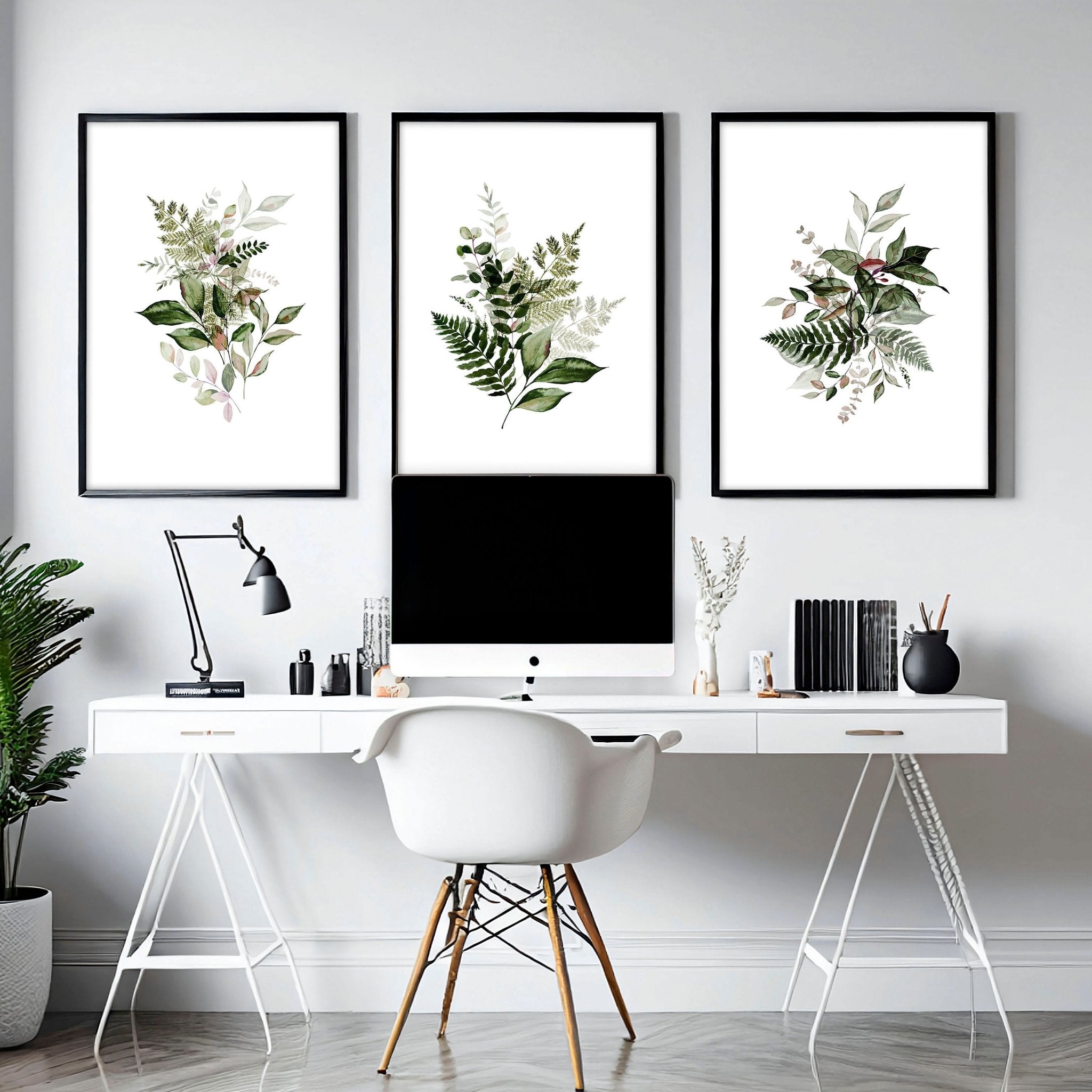 Set of 3 framed wall art prints featuring farmhouse botanical designs in lush greens and burgundy tones, perfect for home office decor.