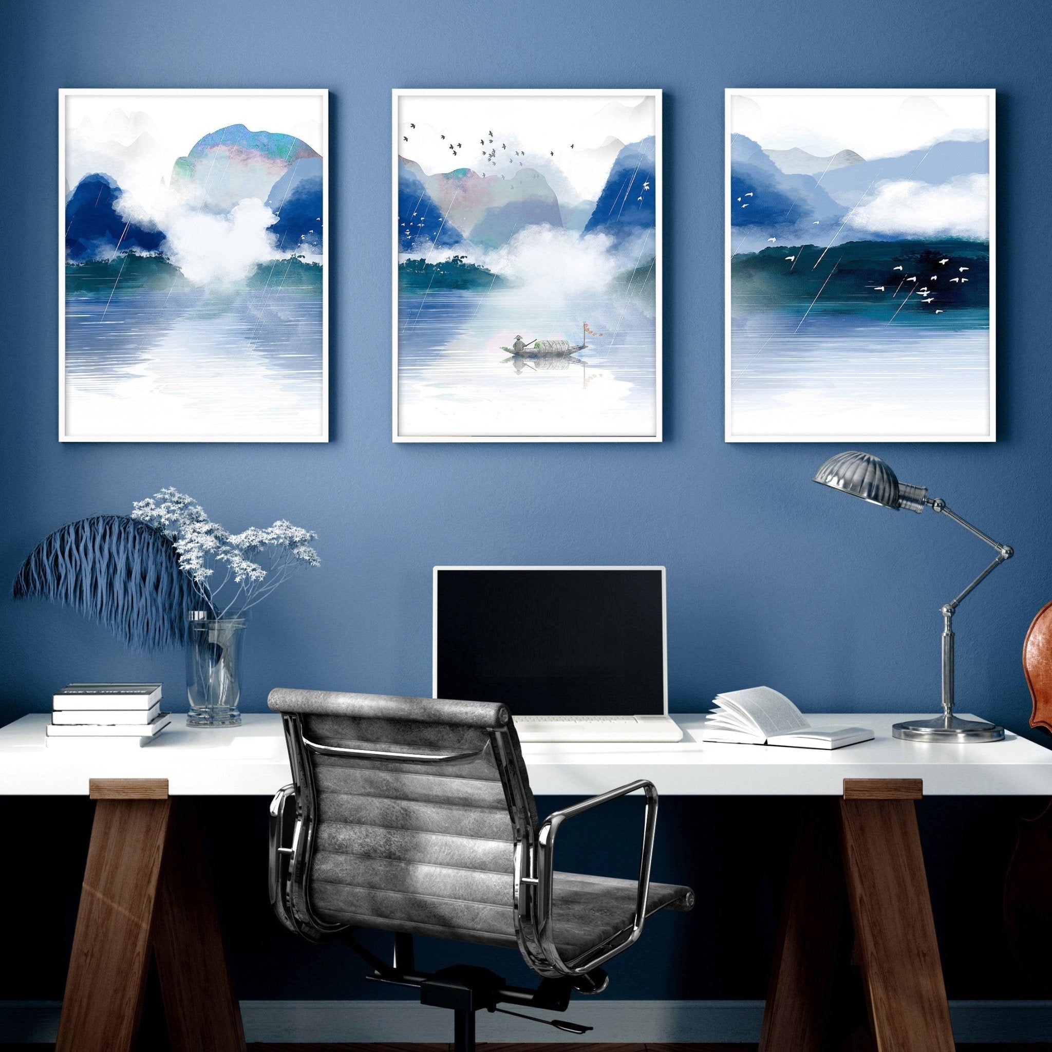 Set of 3 wall art prints featuring serene Japanese landscapes in calming blue tones, perfect for office decor.