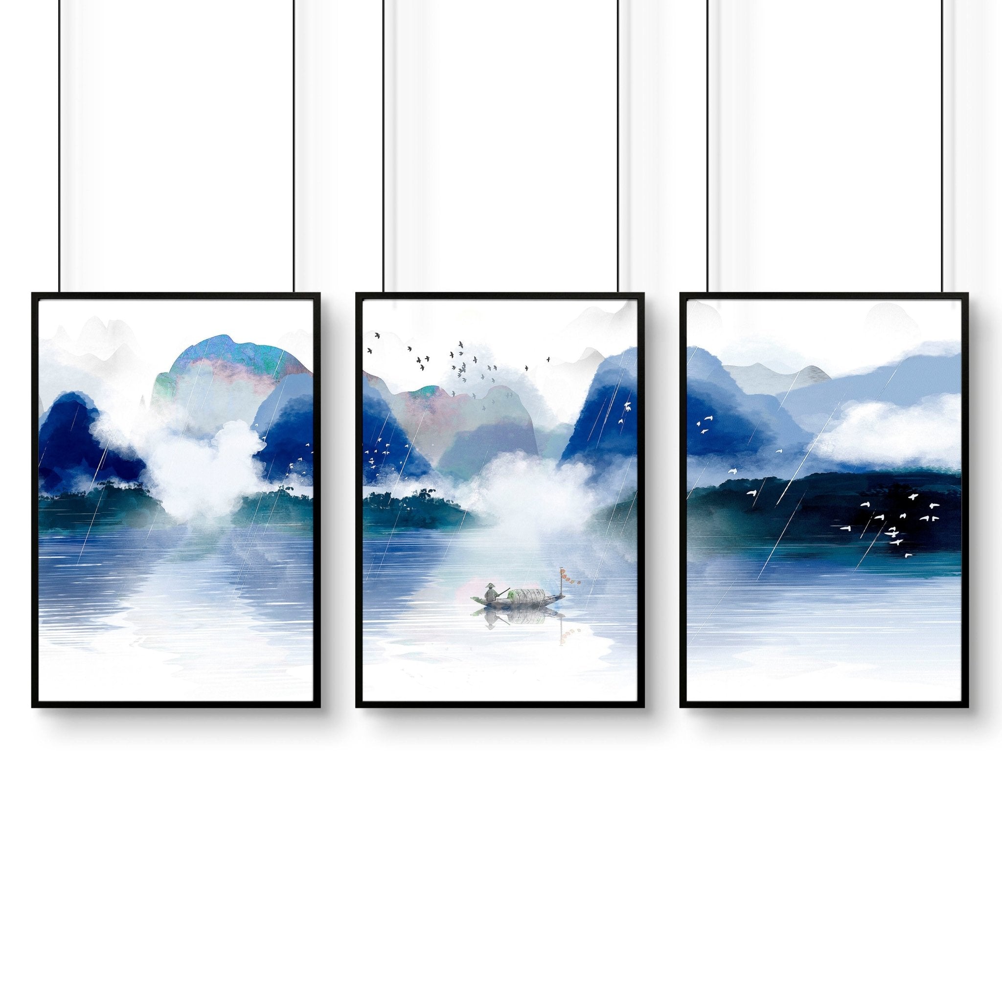 Set of 3 wall art prints featuring serene Japanese landscapes in calming blue tones, perfect for office decor.