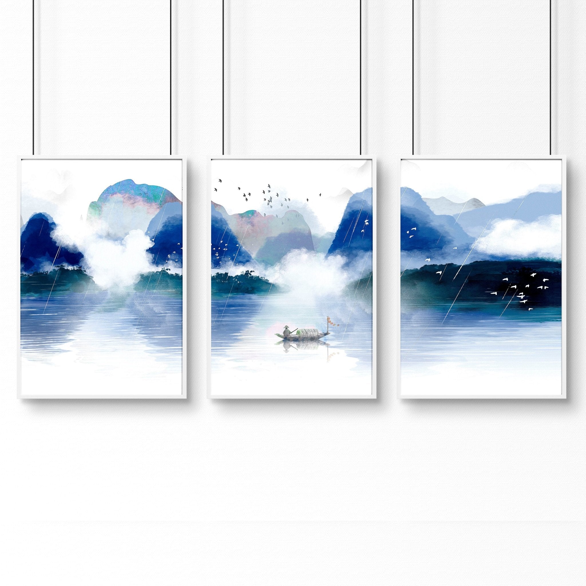 Set of 3 wall art prints featuring serene Japanese landscapes in calming blue tones, perfect for office decor.