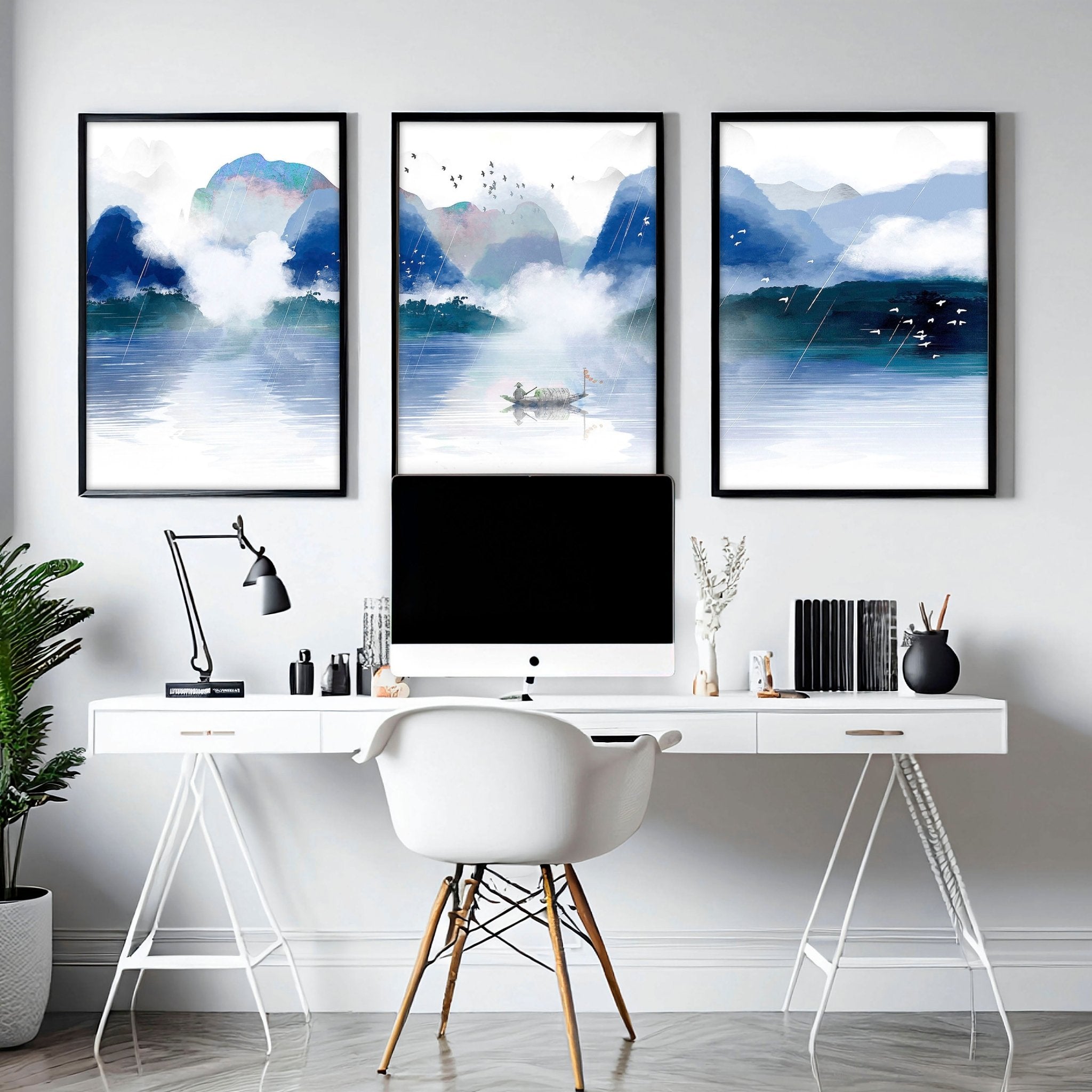 Set of 3 wall art prints featuring serene Japanese landscapes in calming blue tones, perfect for office decor.