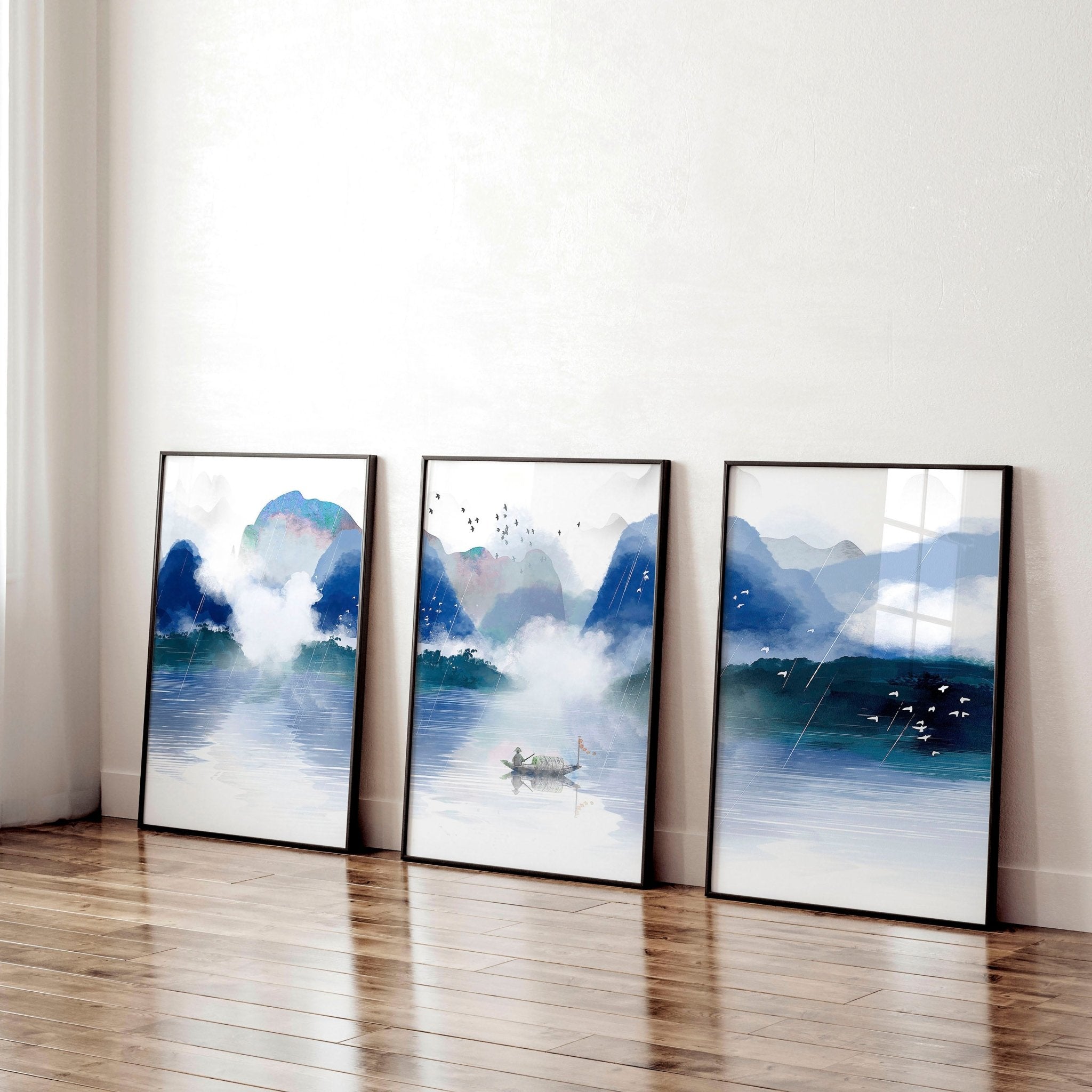 Set of 3 wall art prints featuring serene Japanese landscapes in calming blue tones, perfect for office decor.