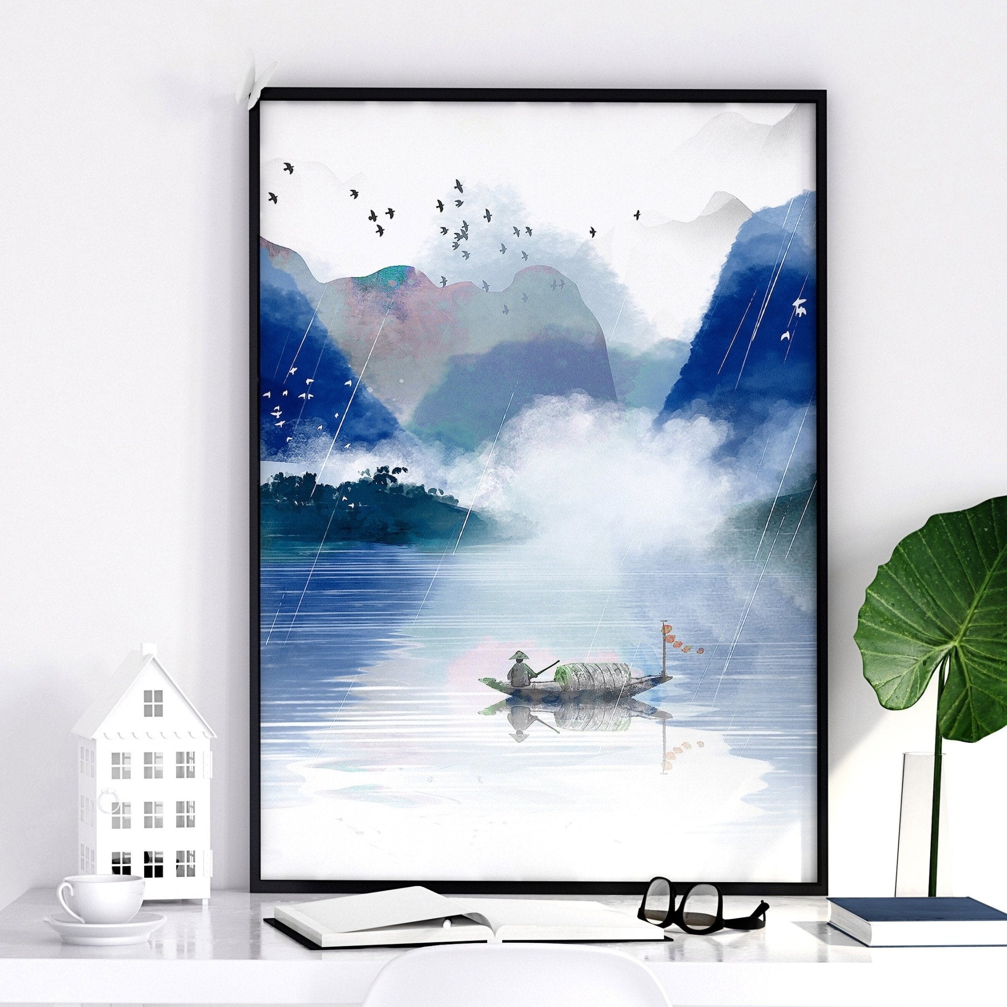 Set of 3 wall art prints featuring serene Japanese landscapes in calming blue tones, perfect for office decor.