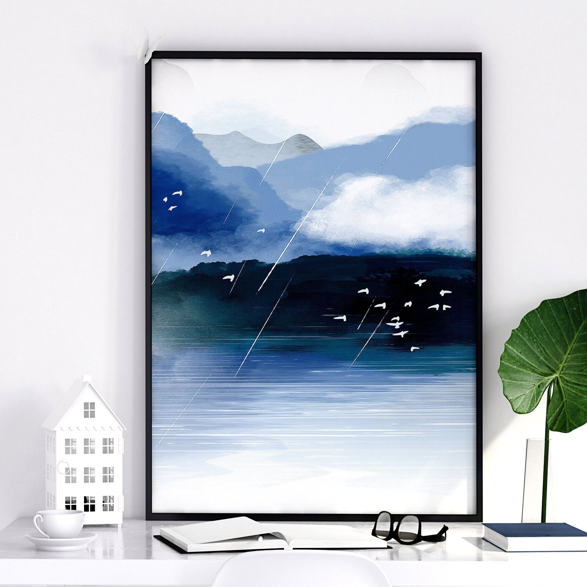 Set of 3 wall art prints featuring serene Japanese landscapes in calming blue tones, perfect for office decor.