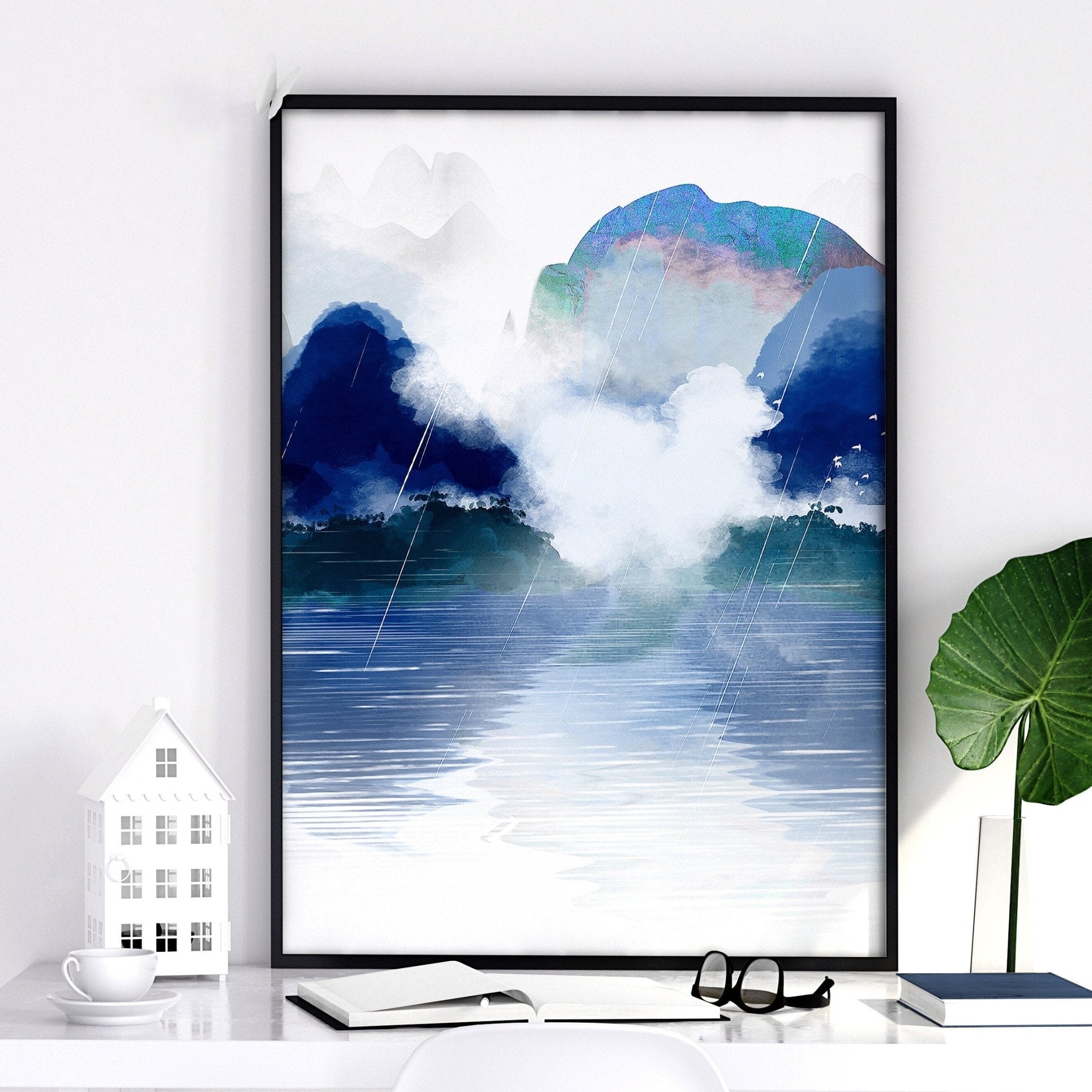 Set of 3 wall art prints featuring serene Japanese landscapes in calming blue tones, perfect for office decor.