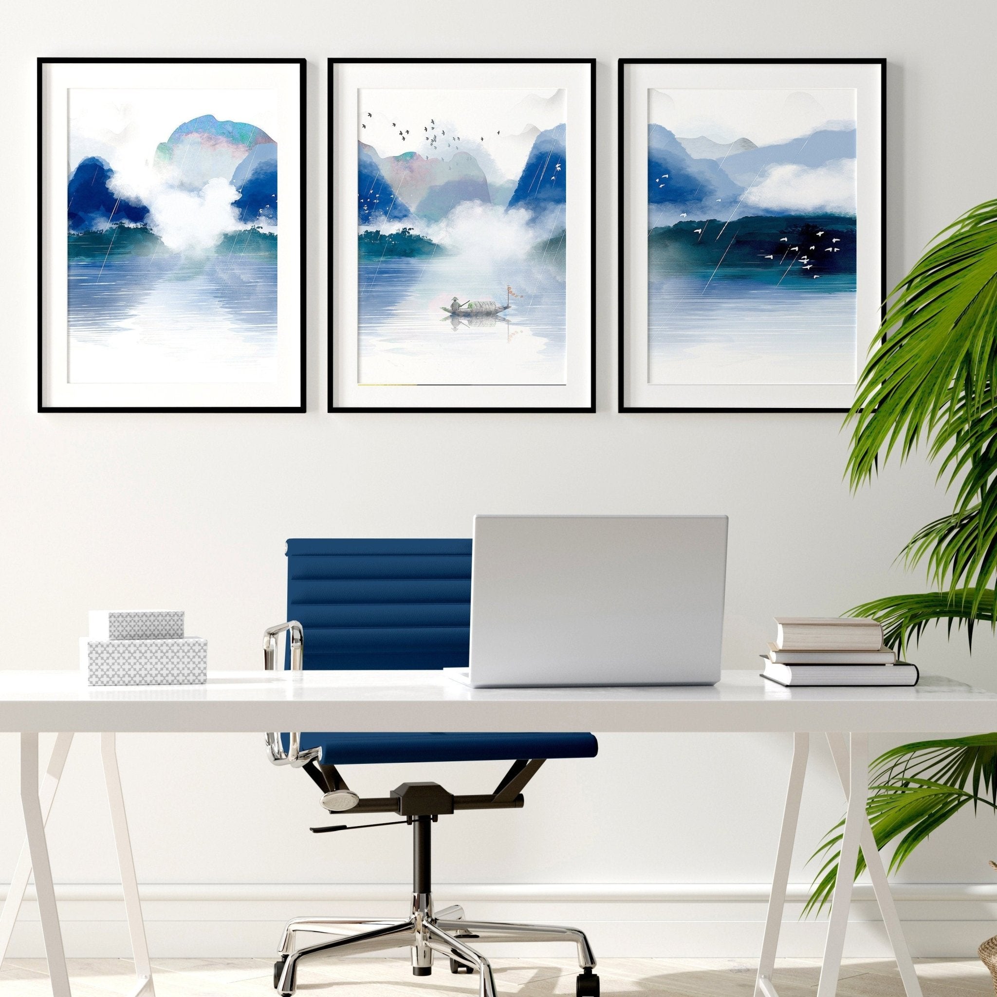 Set of 3 wall art prints featuring serene Japanese landscapes in calming blue tones, perfect for office decor.