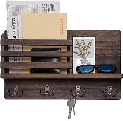 Wall Key/Mail Organizer with multiple hooks and storage for mail and accessories, made from Paulownia wood.