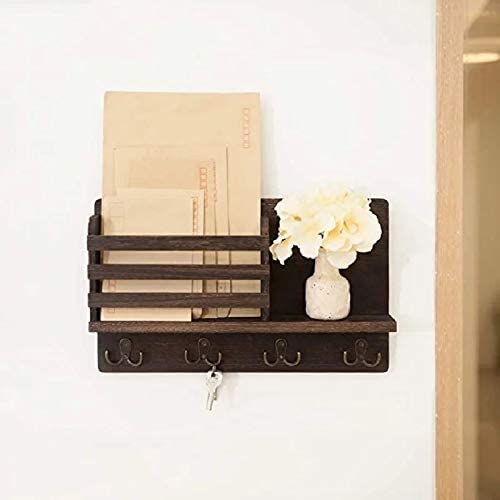 Wall Key/Mail Organizer with multiple hooks and storage for mail and accessories, made from Paulownia wood.