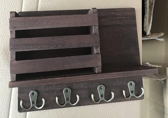 Wall Key/Mail Organizer with multiple hooks and storage for mail and accessories, made from Paulownia wood.