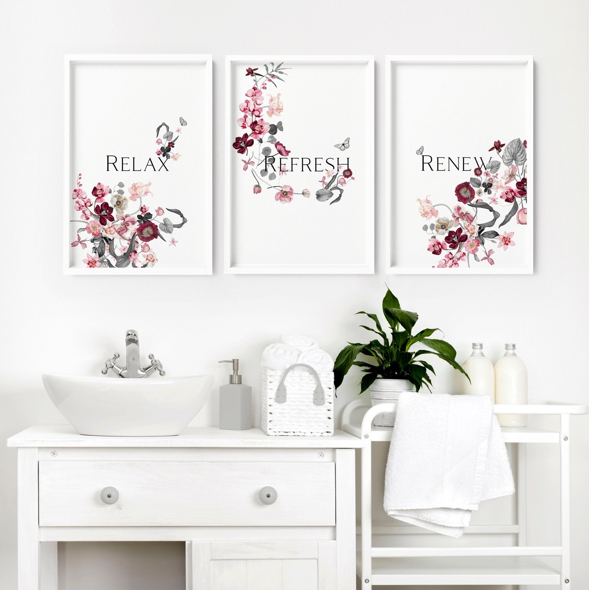 Set of 3 framed wall art prints featuring shabby chic floral designs in soft pink, burgundy, and grey tones with a relaxing quote.