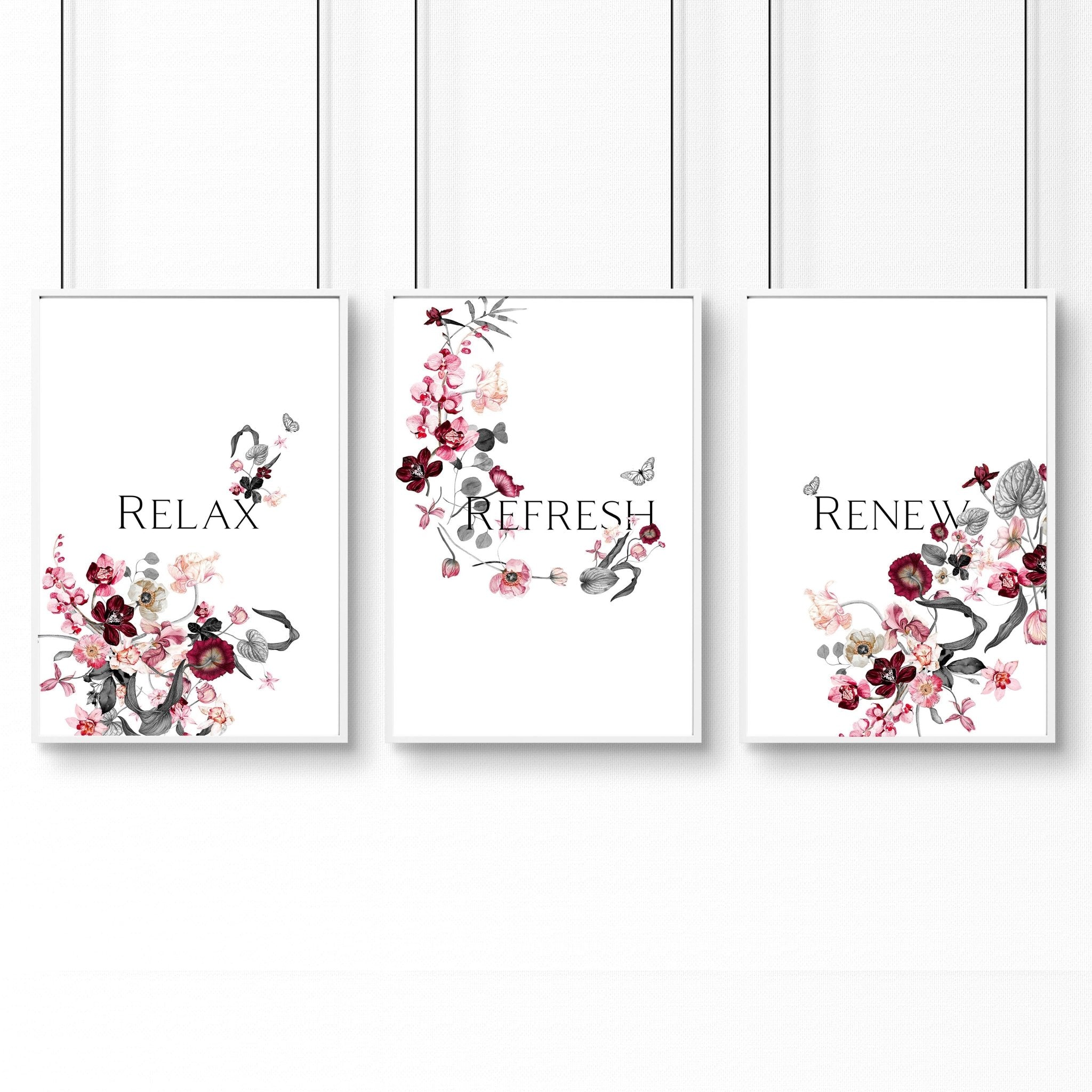 Set of 3 framed wall art prints featuring shabby chic floral designs in soft pink, burgundy, and grey tones with a relaxing quote.