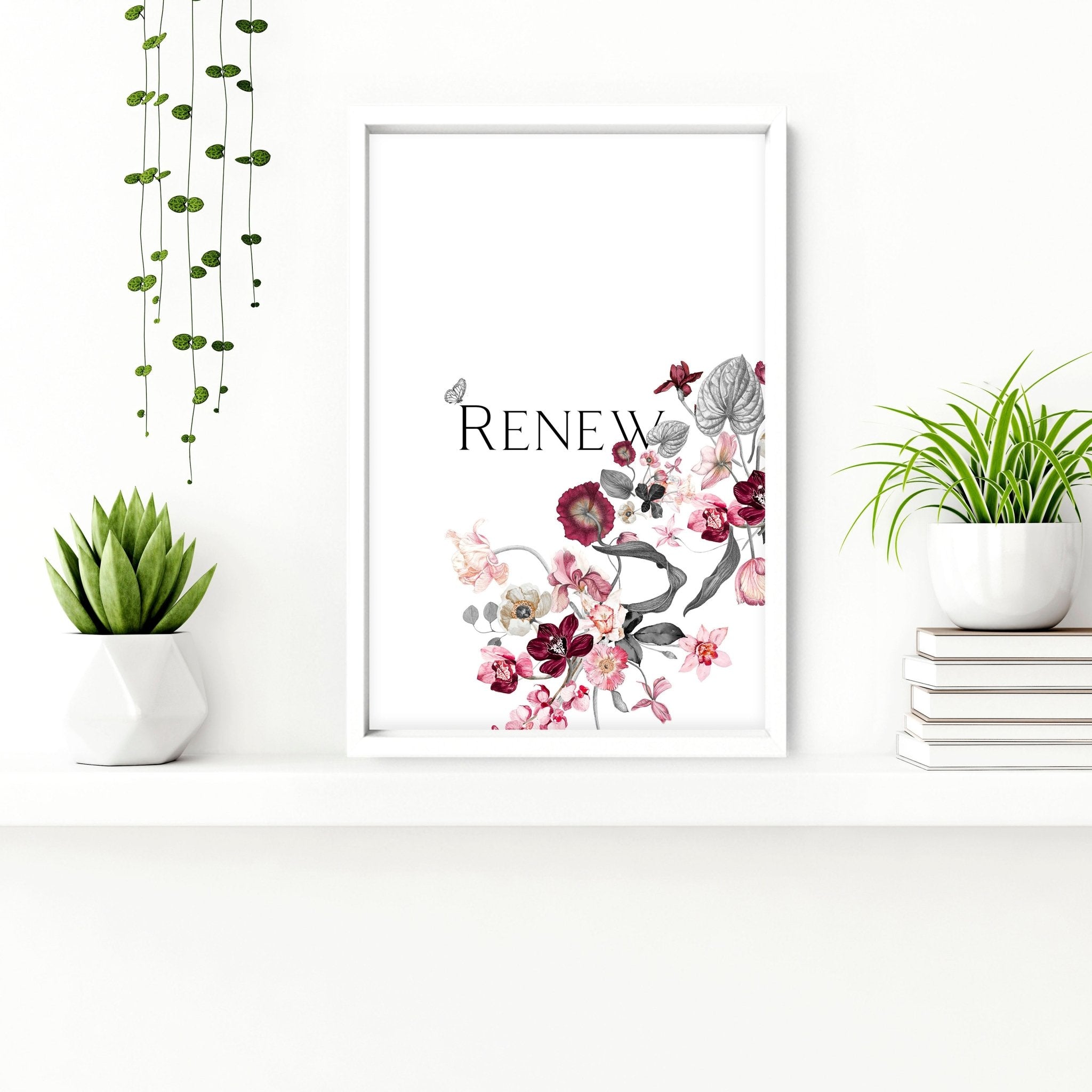 Set of 3 framed wall art prints featuring shabby chic floral designs in soft pink, burgundy, and grey tones with a relaxing quote.