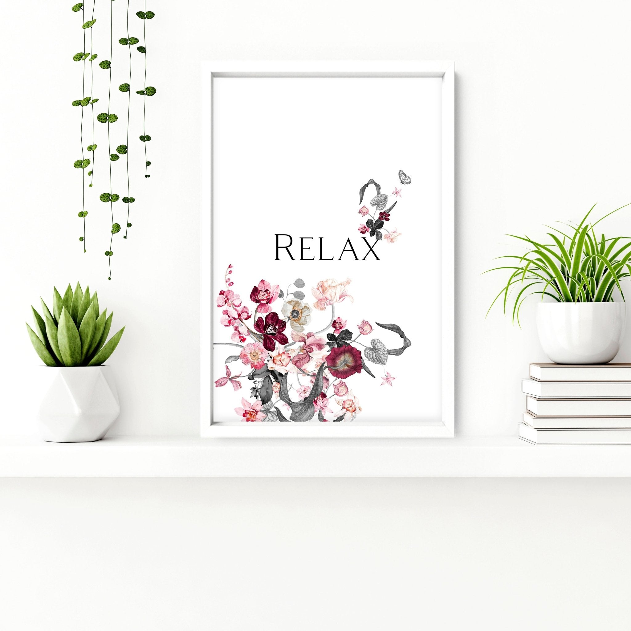 Set of 3 framed wall art prints featuring shabby chic floral designs in soft pink, burgundy, and grey tones with a relaxing quote.