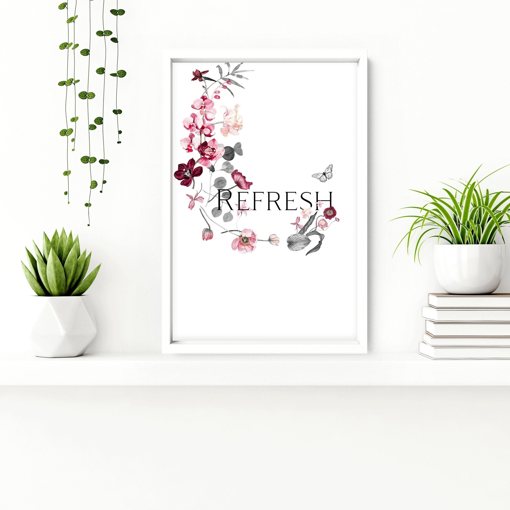 Set of 3 framed wall art prints featuring shabby chic floral designs in soft pink, burgundy, and grey tones with a relaxing quote.