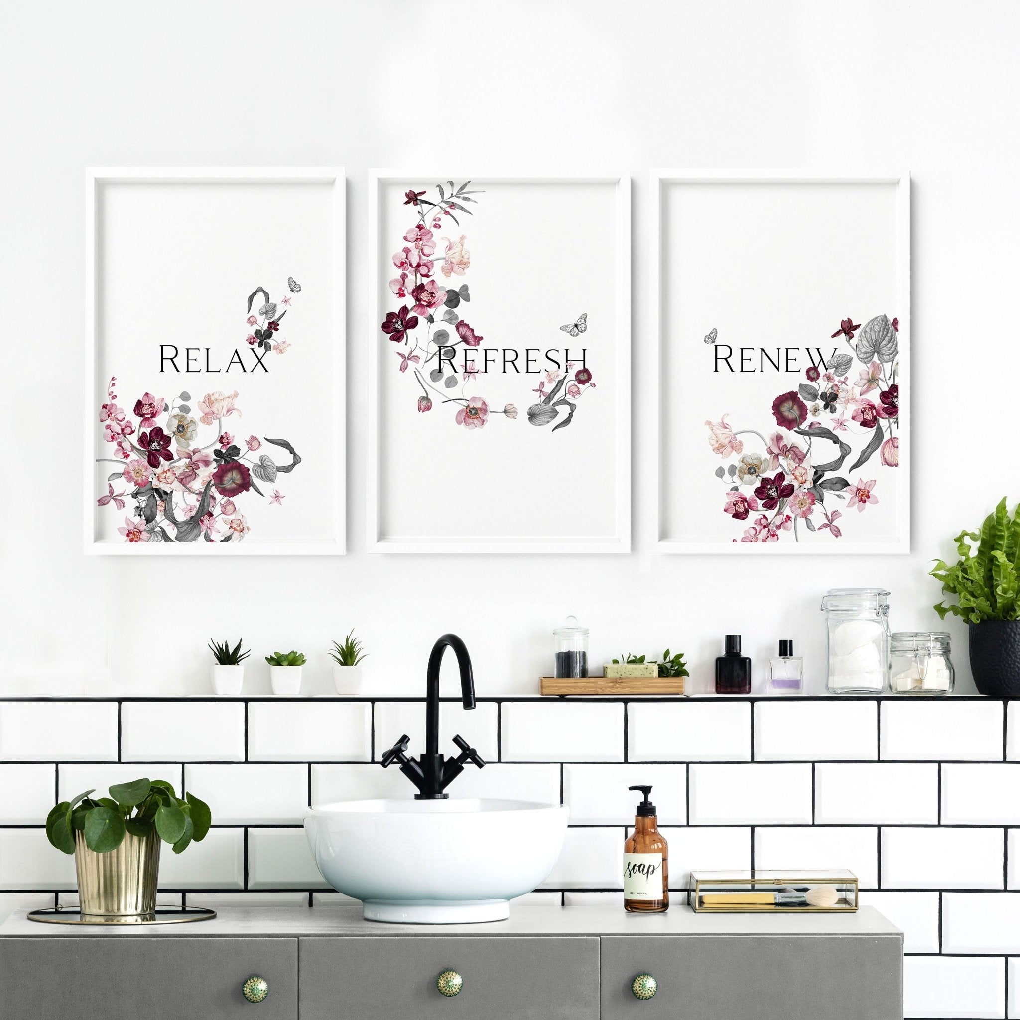 Set of 3 framed wall art prints featuring shabby chic floral designs in soft pink, burgundy, and grey tones with a relaxing quote.