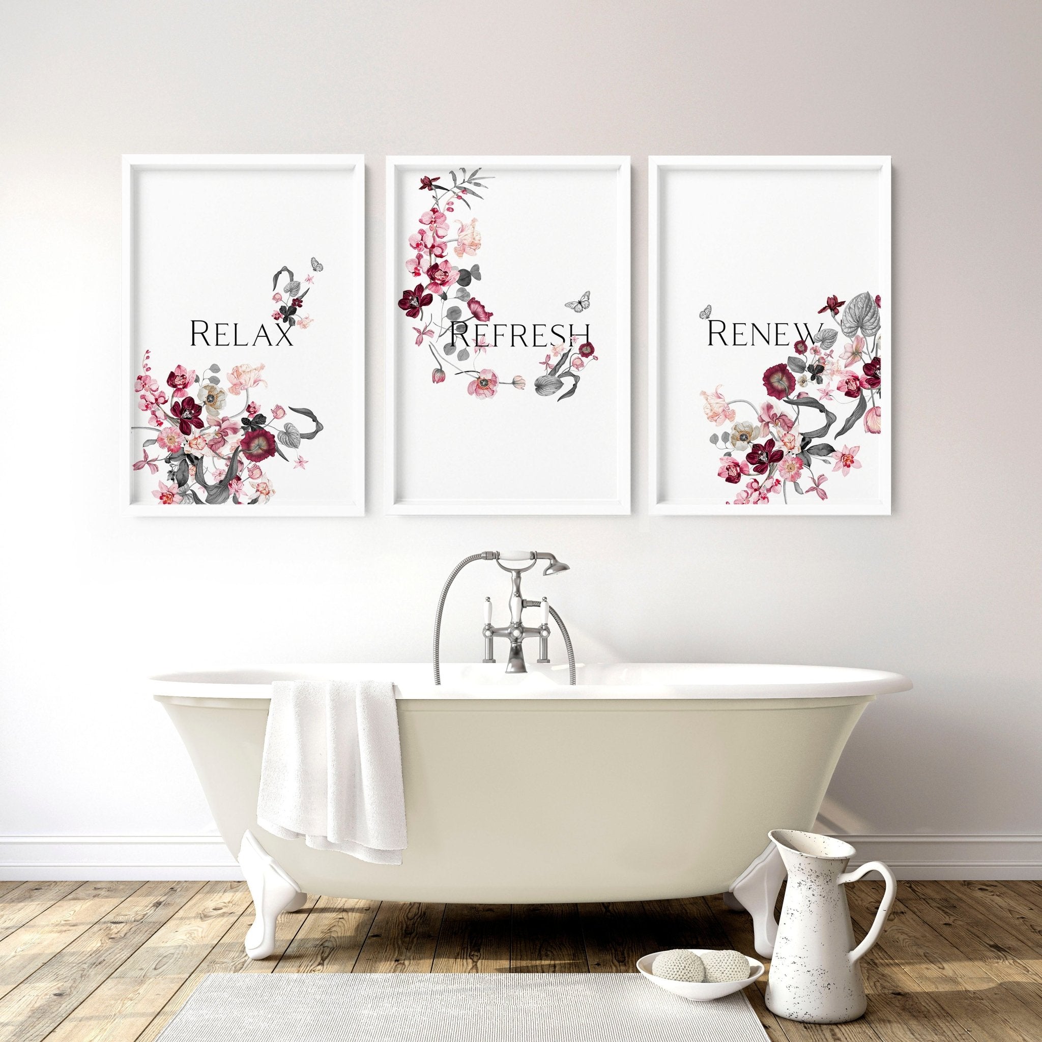 Set of 3 framed wall art prints featuring shabby chic floral designs in soft pink, burgundy, and grey tones with a relaxing quote.