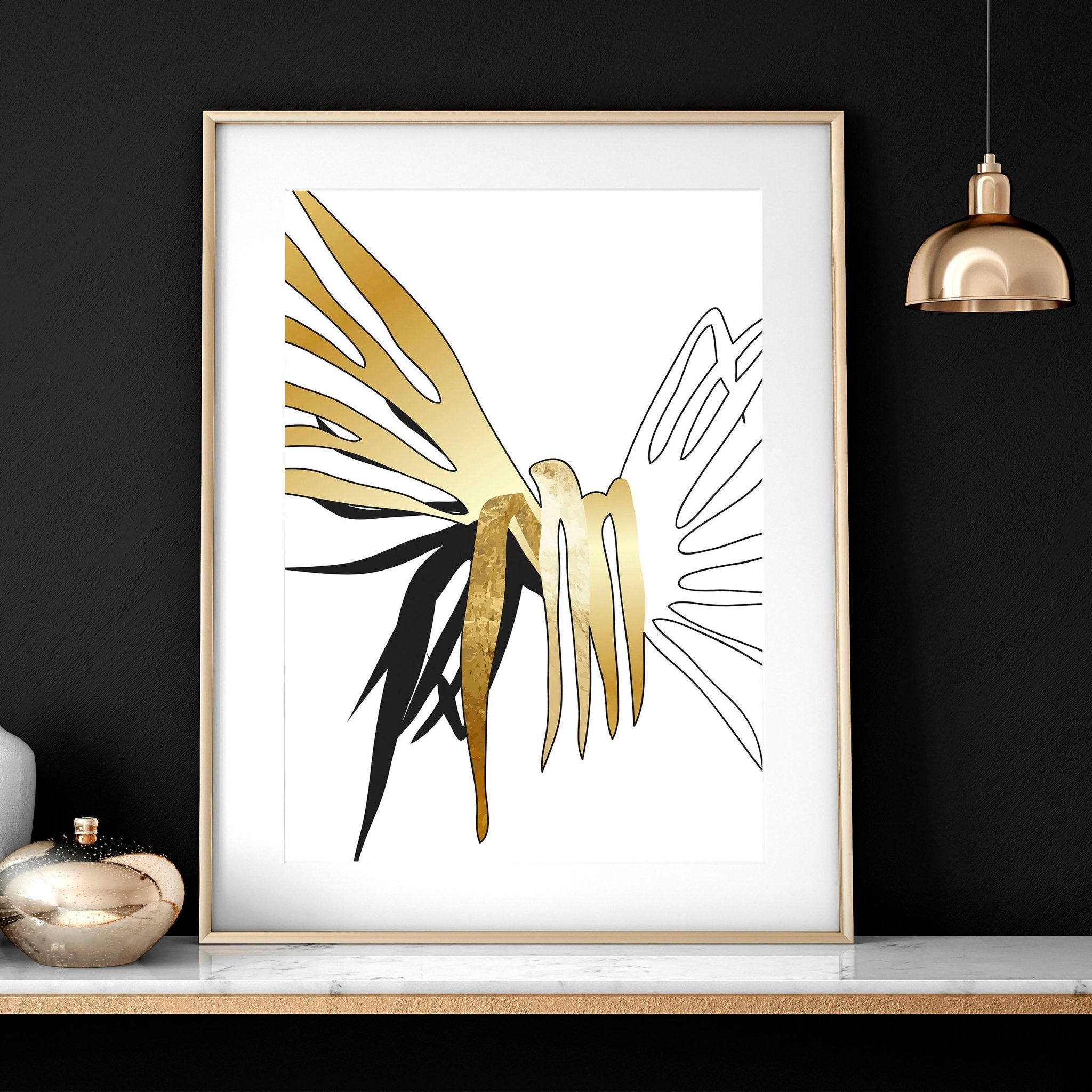 Set of 3 modern tropical wall art prints featuring elegant botanical designs in white, black, and gold, perfect for living room decor.