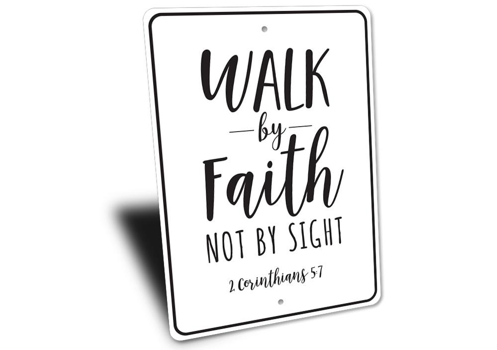 Decorative Walk by Faith Sign made of durable aluminum, featuring inspirational text and designed for easy wall mounting.