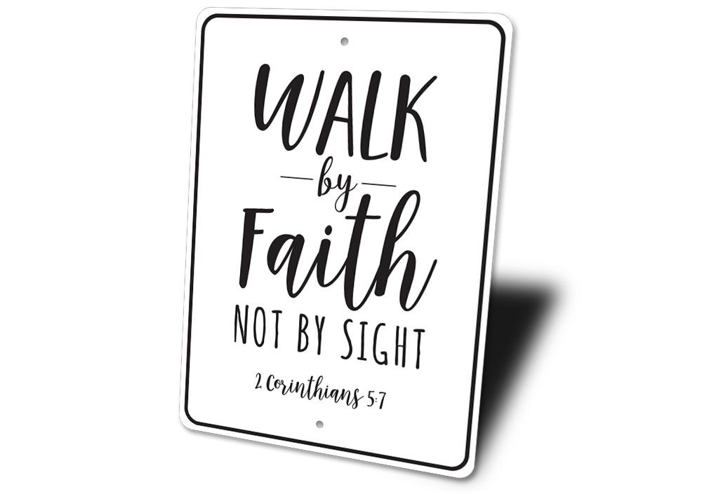 Decorative Walk by Faith Sign made of durable aluminum, featuring inspirational text and designed for easy wall mounting.