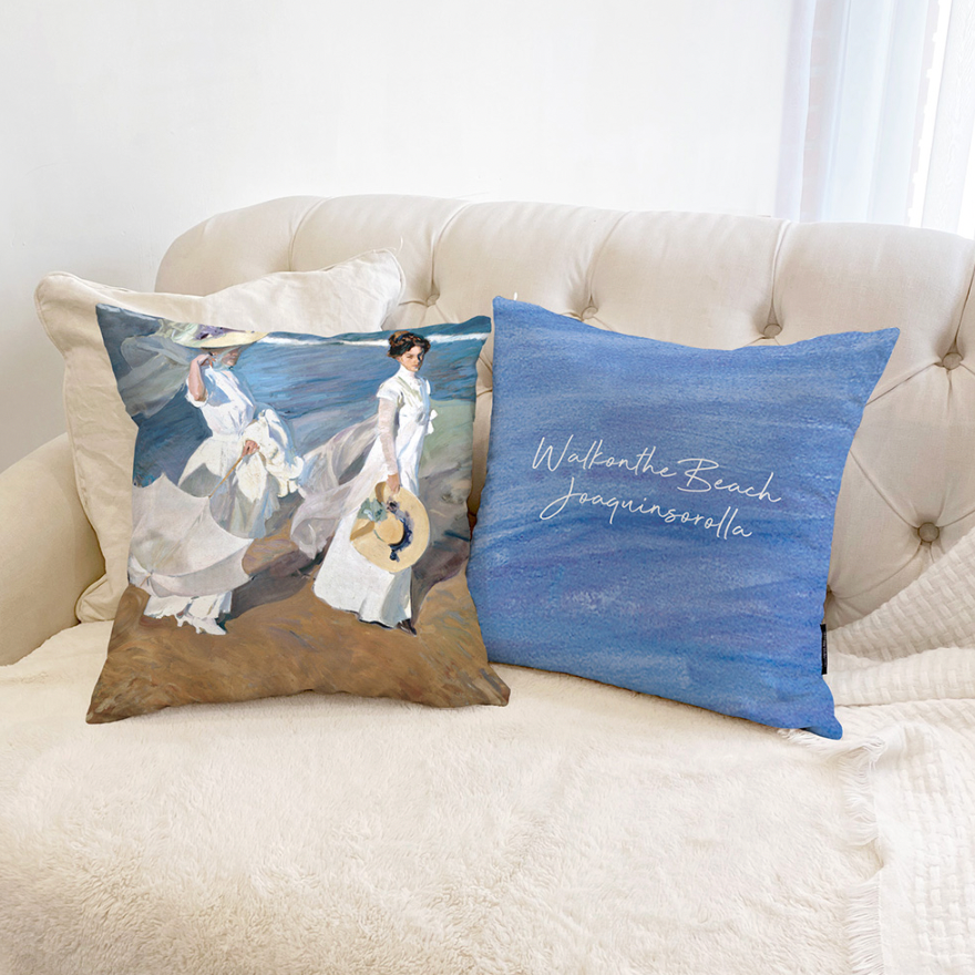 A beautifully designed cushion featuring Joaquin Sorolla's 'Walking on the Beach' artwork, showcasing vibrant colors and intricate details.