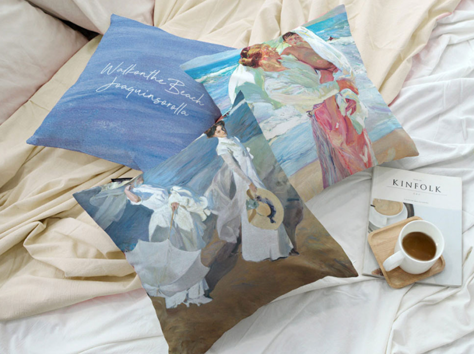 A beautifully designed cushion featuring Joaquin Sorolla's 'Walking on the Beach' artwork, showcasing vibrant colors and intricate details.