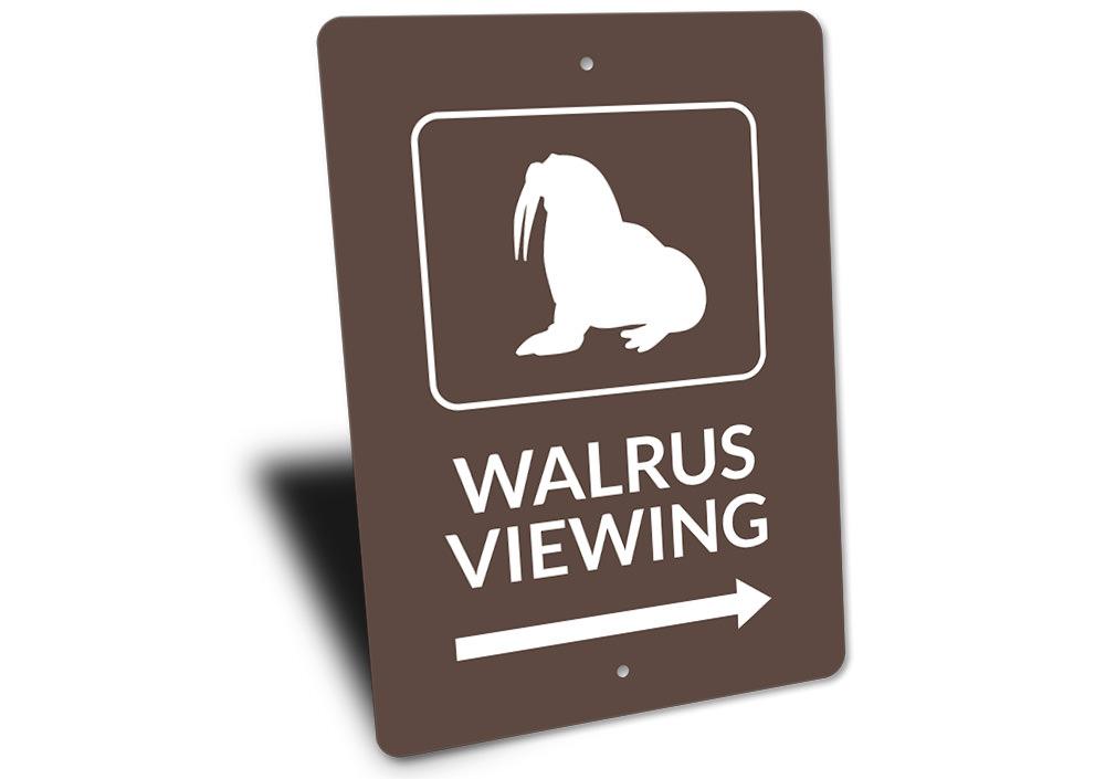 A decorative Walrus Viewing Sign made of aluminum, featuring a whimsical design perfect for beach-themed decor.