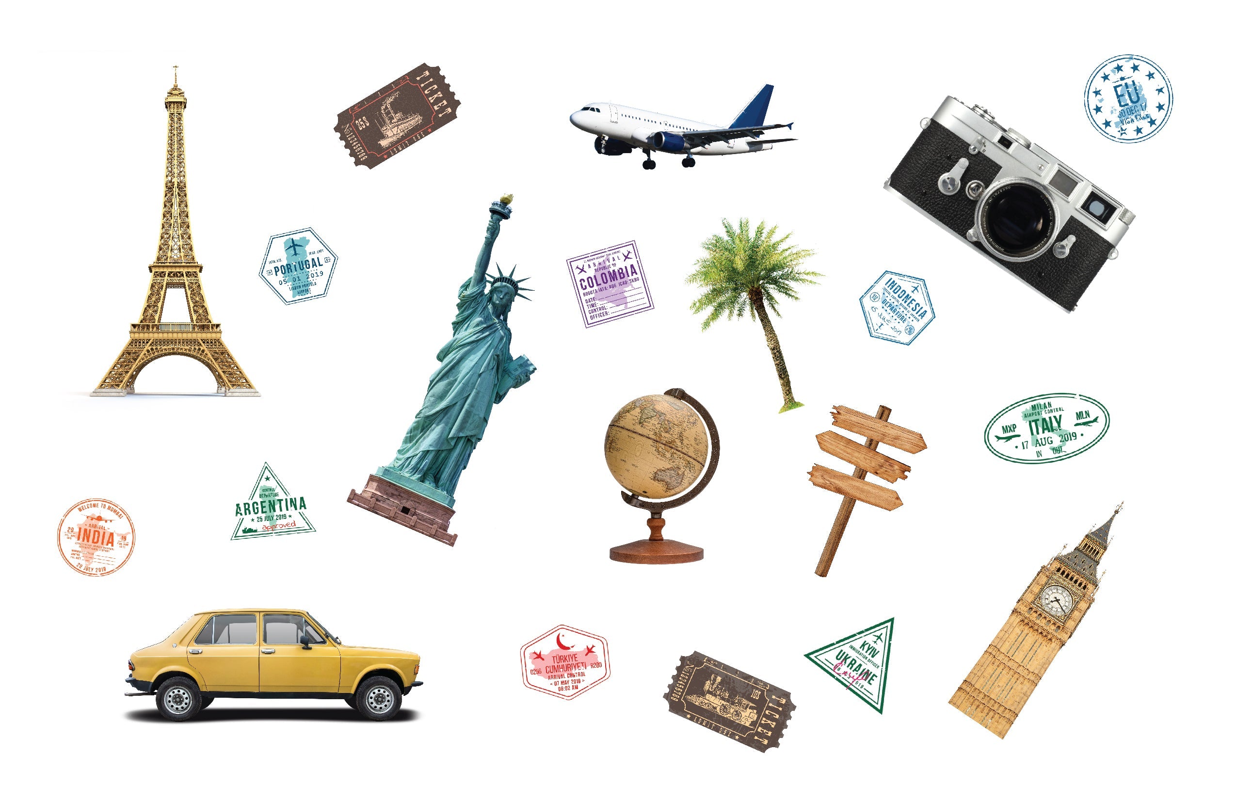 A collection of 20 wanderlust travel-inspired mirror stickers on an 11x17 vinyl sheet, featuring various travel-themed designs.