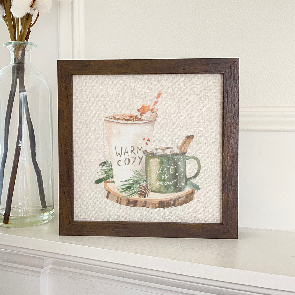 Warm Drinks Framed Sign with a stylized wood frame and linen-look background, perfect for home decor.