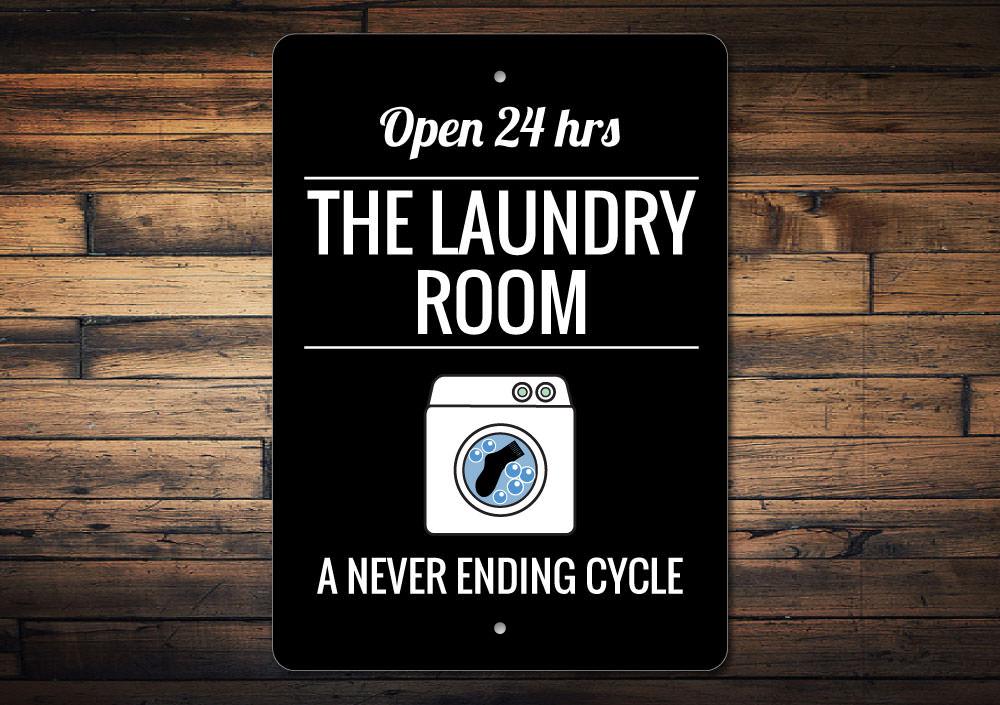 A decorative Washing Machine Sign made of high-quality aluminum, featuring customizable text and pre-drilled holes for easy mounting.