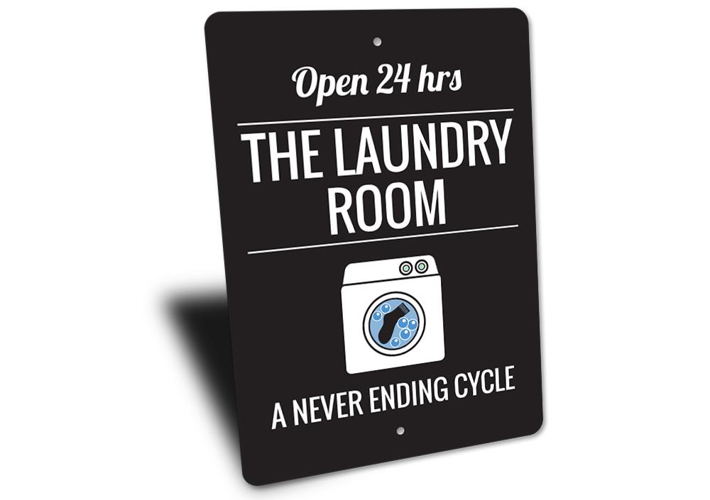 A decorative Washing Machine Sign made of high-quality aluminum, featuring customizable text and pre-drilled holes for easy mounting.