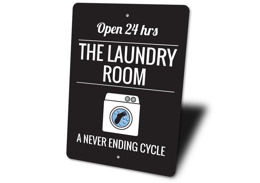 A decorative Washing Machine Sign made of high-quality aluminum, featuring customizable text and pre-drilled holes for easy mounting.