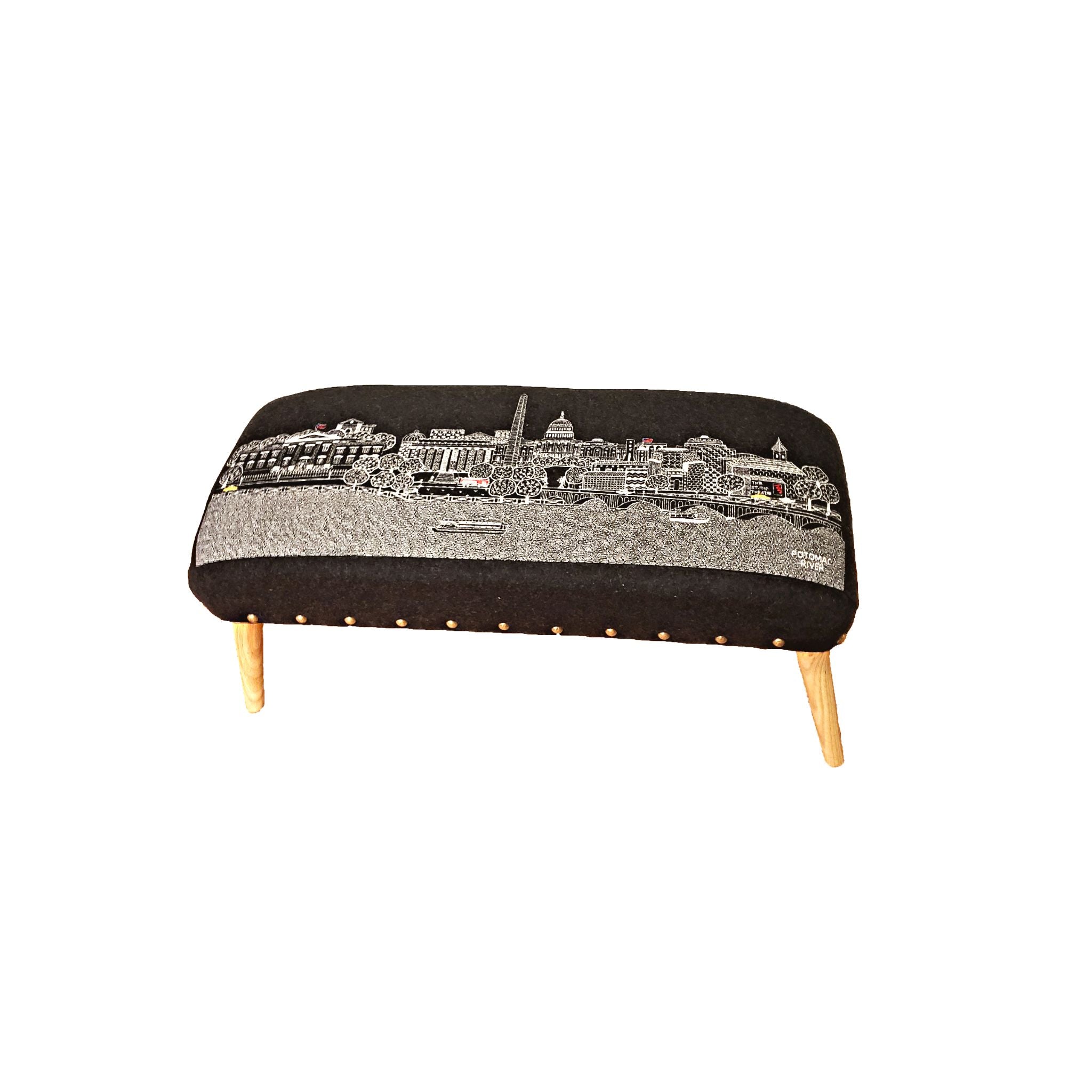 Washington DC Ottoman featuring whimsical embroidered design inspired by iconic architecture, with rubberwood legs and upholstered wool fabric.