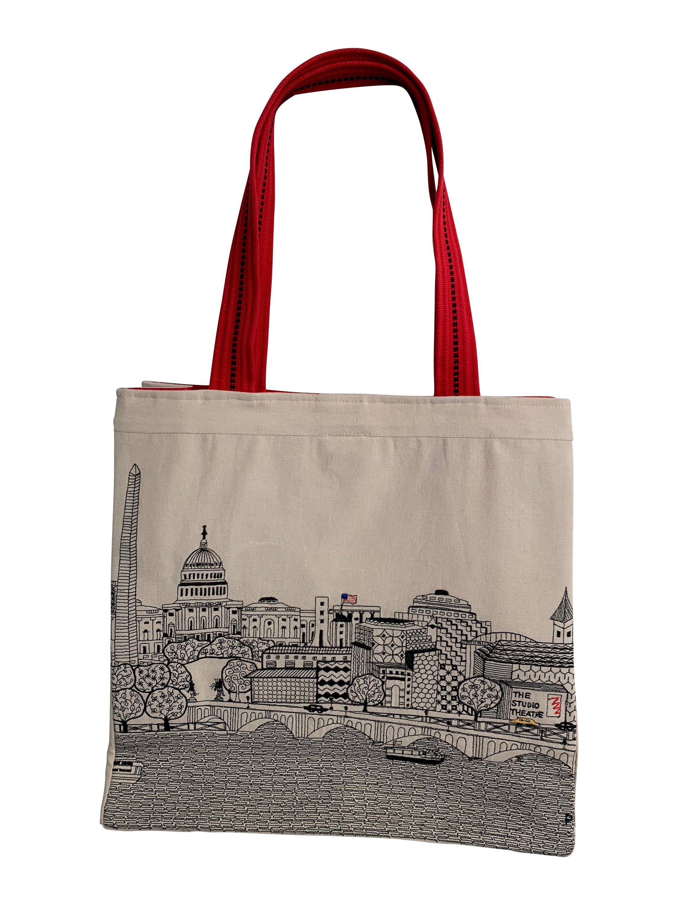 Stylish Washington DC Tote Bag with embroidered skyline in cream and black colors, featuring red waterproof lining and ribbed straps.