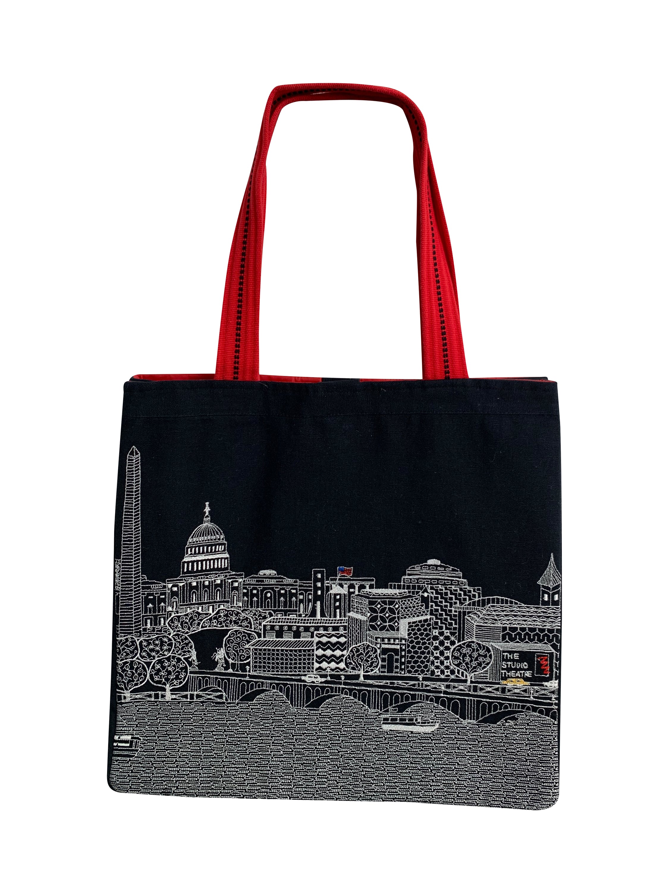 Stylish Washington DC Tote Bag with embroidered skyline in cream and black colors, featuring red waterproof lining and ribbed straps.