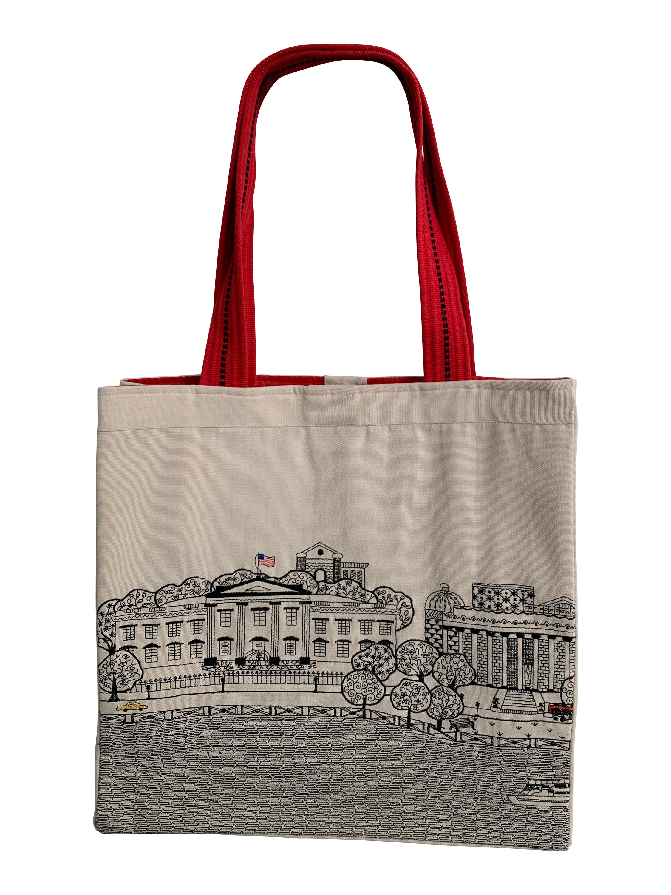 Stylish Washington DC Tote Bag with embroidered skyline in cream and black colors, featuring red waterproof lining and ribbed straps.