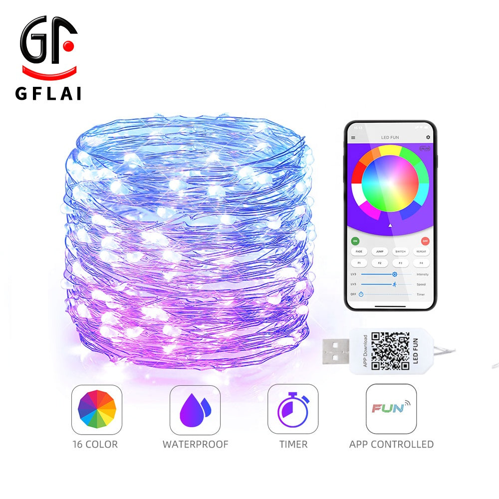 GFLAI Waterproof USB Powered APP Controlled LED Fairy String Lights, showcasing vibrant RGB colors and flexible copper wire design.