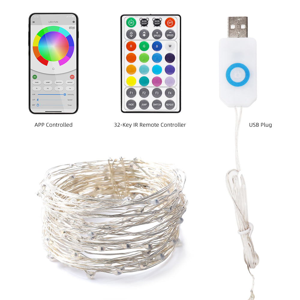 GFLAI Waterproof USB Powered APP Controlled LED Fairy String Lights, showcasing vibrant RGB colors and flexible copper wire design.